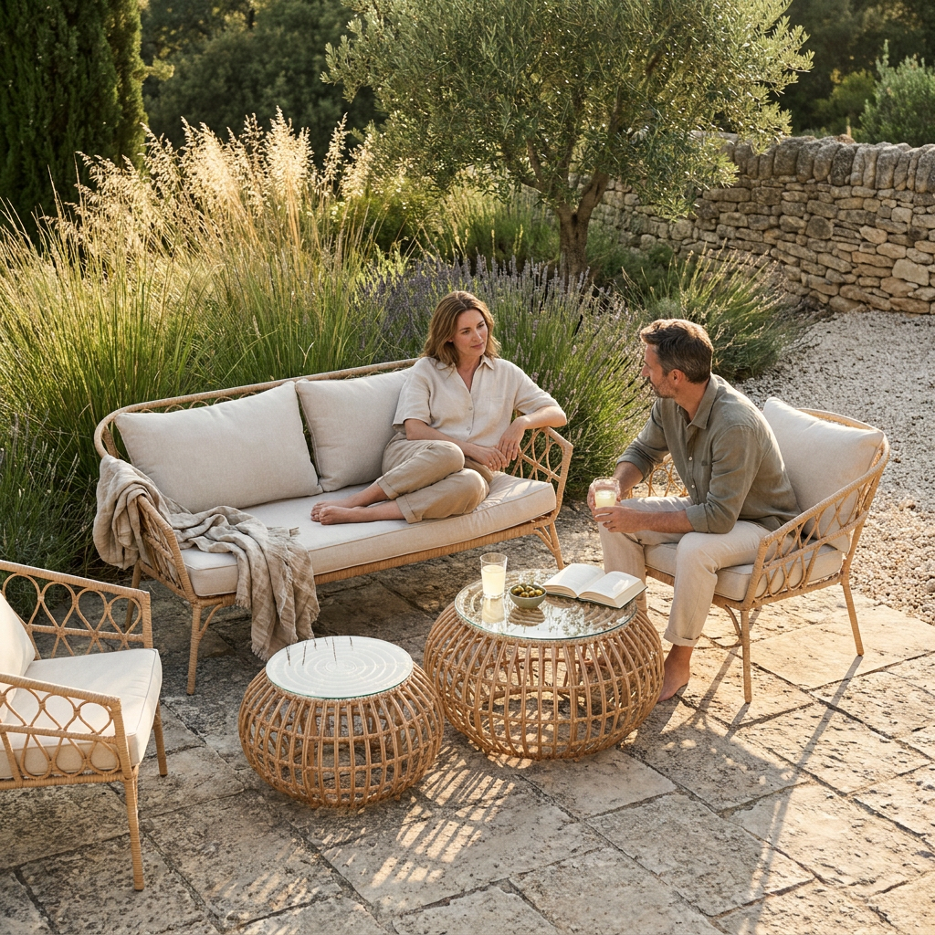 Couple installé dans un salon bas en résine tressée façon rotin, ambiance vintage bohème au jardin