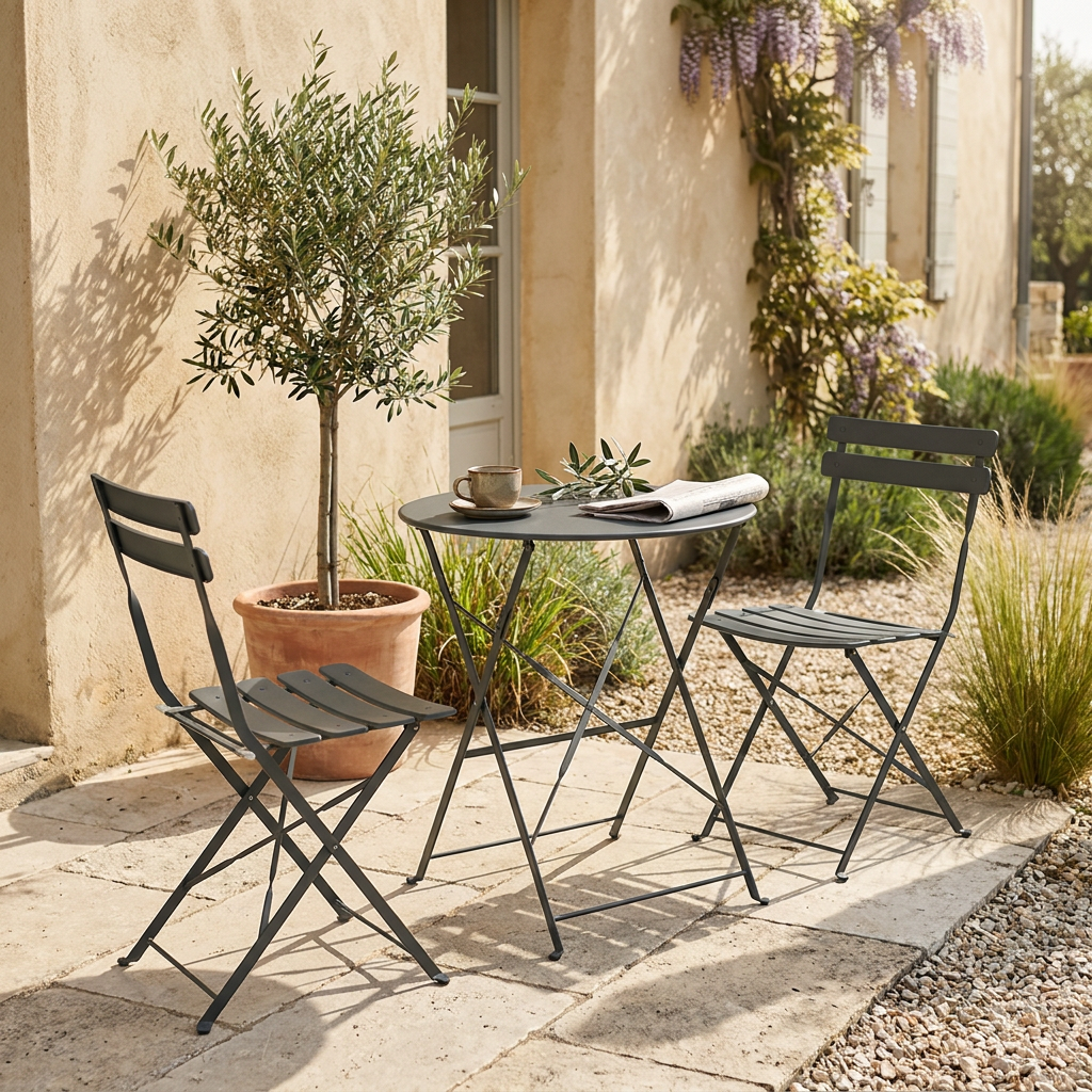 Set bistrot pliant en acier anthracite sur une terrasse en pierre, esprit salon de jardin vintage