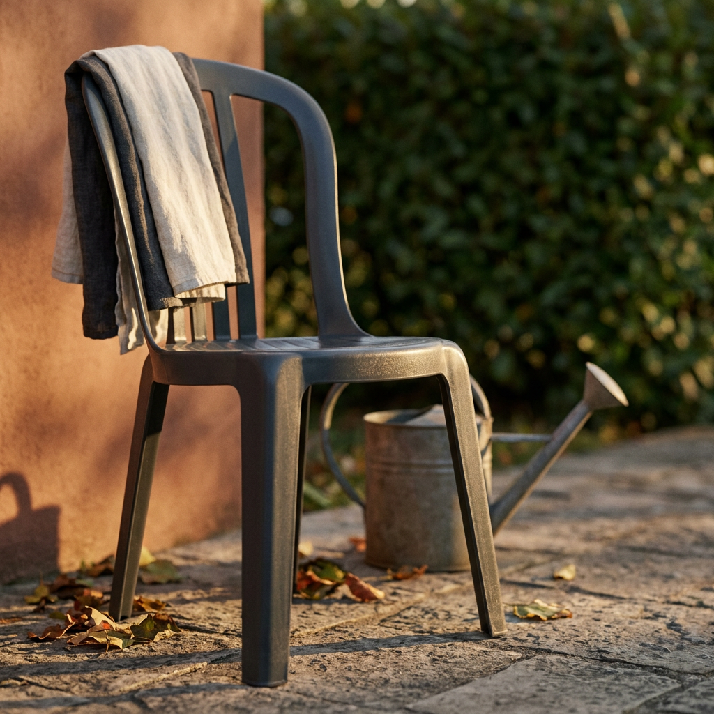 Gros plan sur l'assise d'une chaise de jardin en lumière rasante, lecture de la patine et de l'état