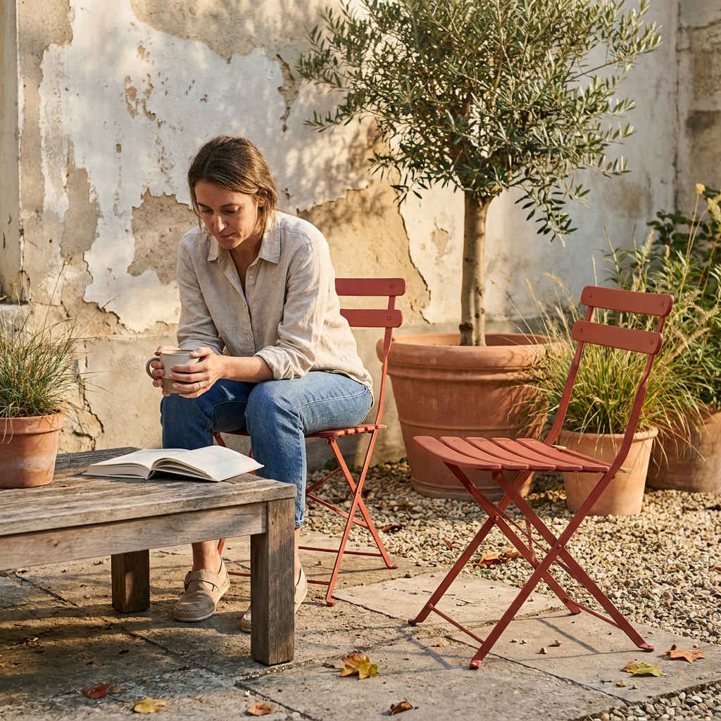 Femme lisant assise sur une chaise de jardin pliante en acier, terrasse ensoleillée, ambiance chinée