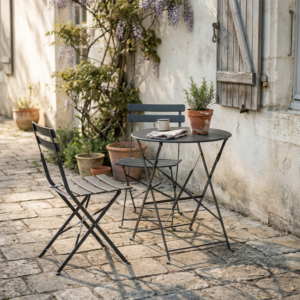 Set bistrot pliant en acier anthracite sur une terrasse en pierre ancienne, esprit chaise de jardin vintage