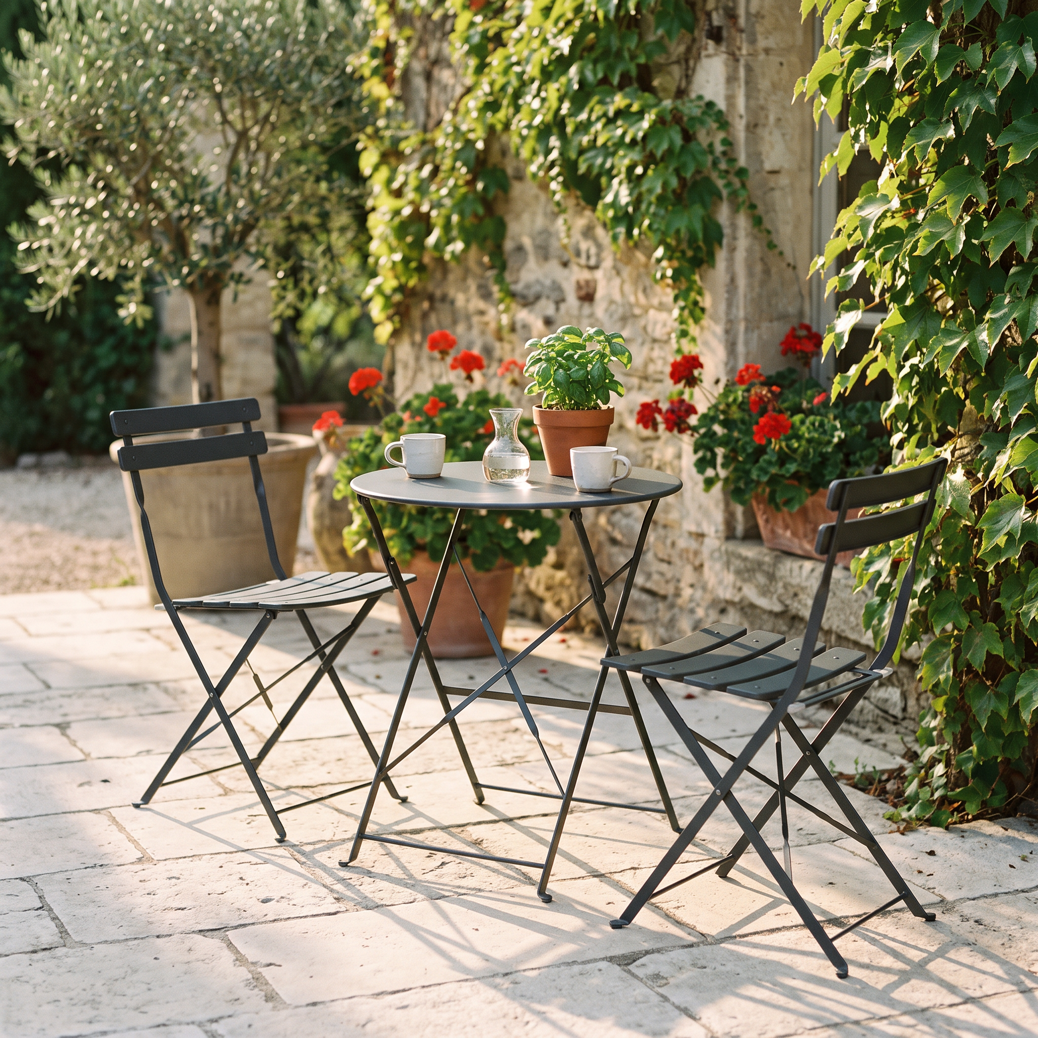 Table de jardin vintage style bistrot en métal anthracite dressée sur une terrasse en pierre au soleil couchant