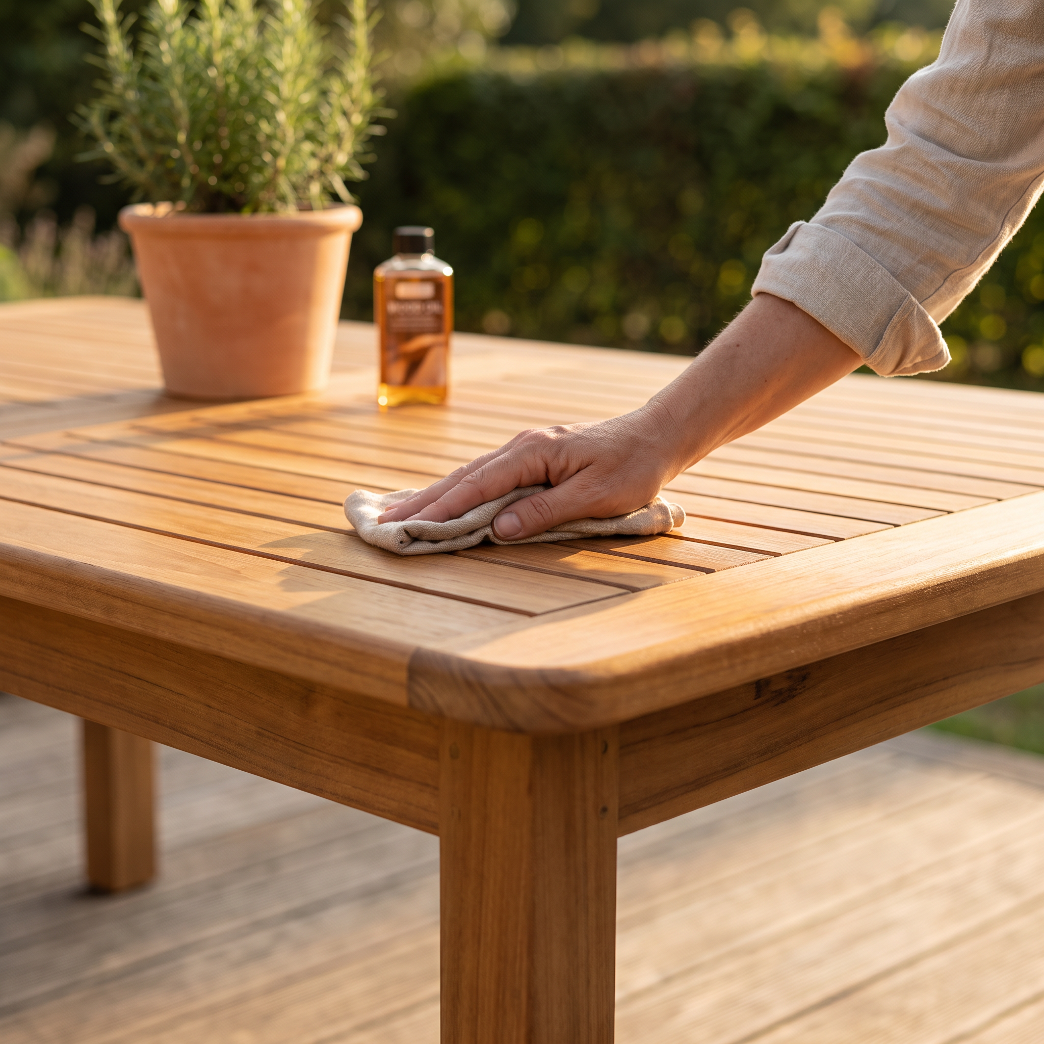 Entretien à la main d'un plateau de table de jardin en bois d'eucalyptus patiné sur une terrasse ombragée