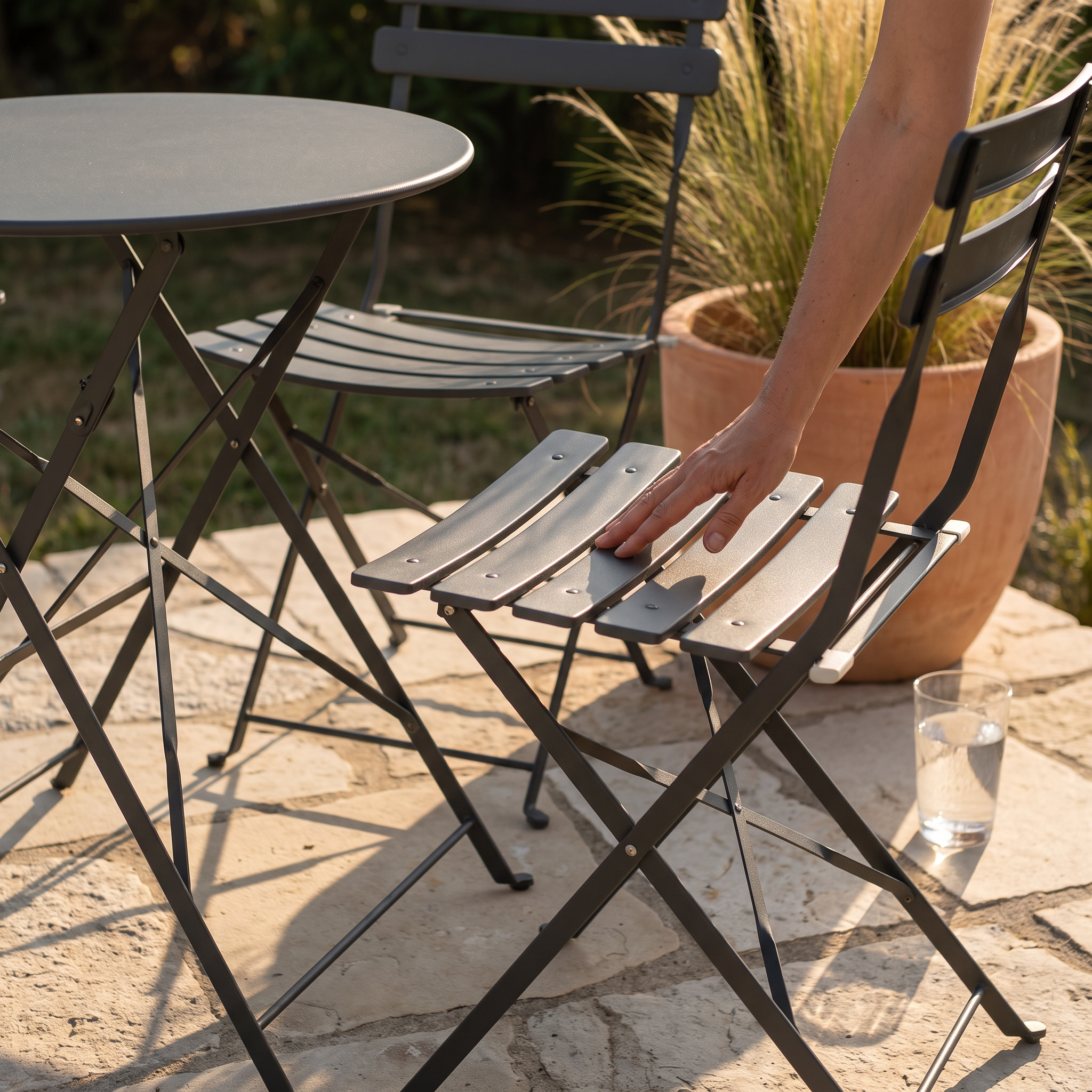 Contrôle de la structure et de la matière d'un fauteuil de jardin d'occasion en situation sur une terrasse