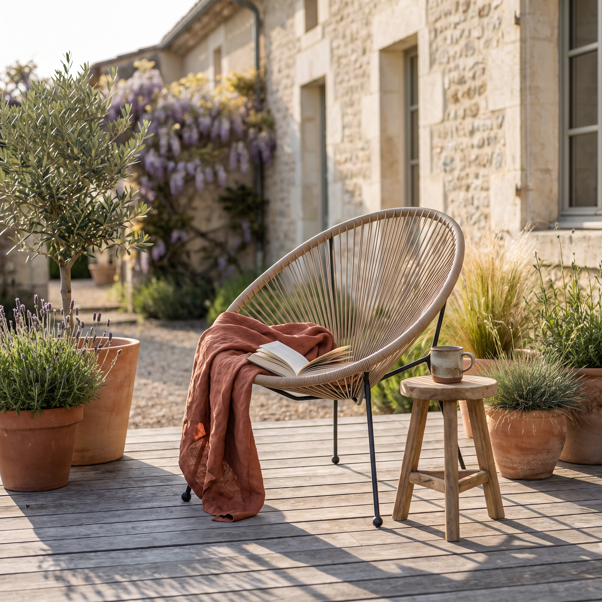 Fauteuil de jardin vintage en forme d'œuf, fils de résine beige et acier, installé sur une terrasse en bois patiné