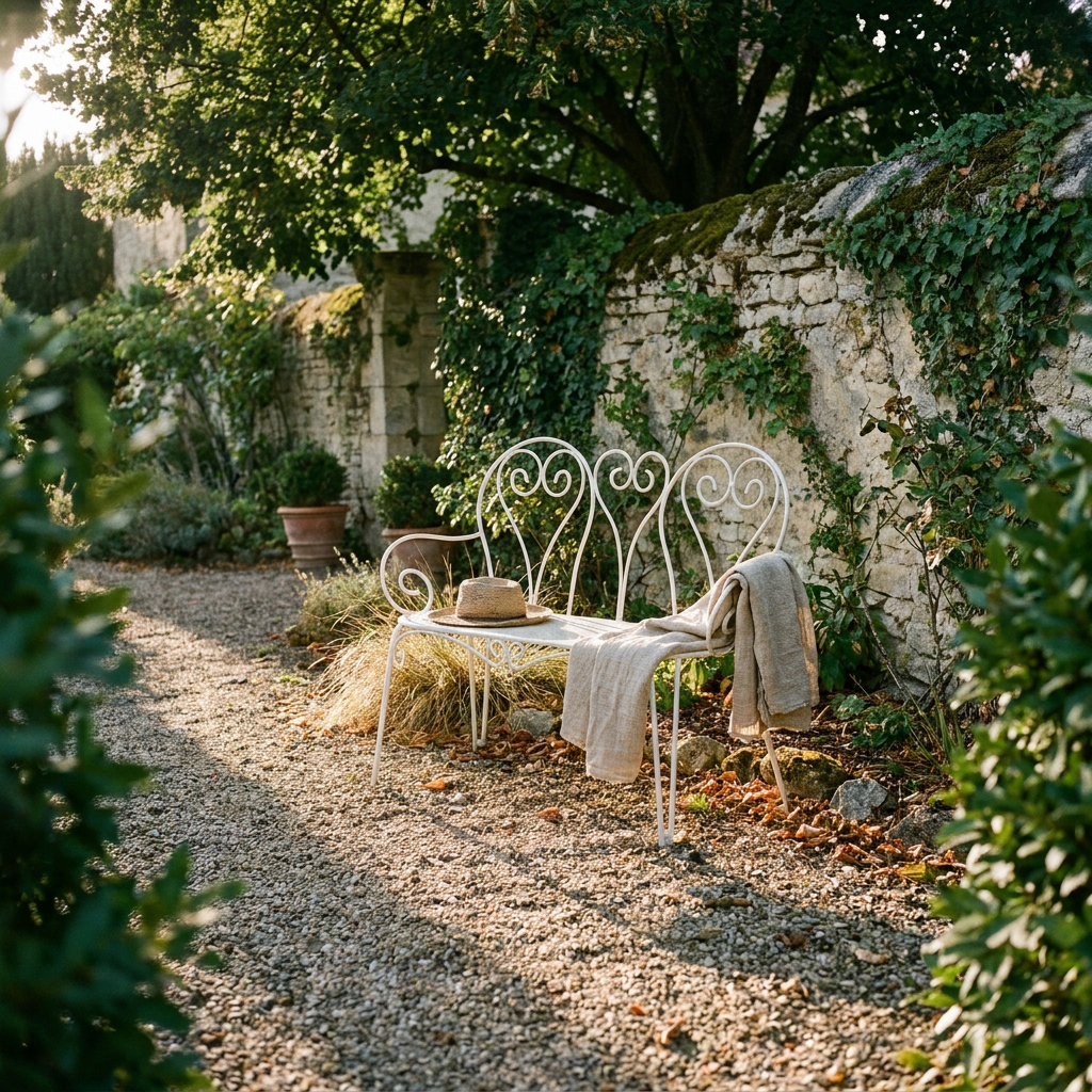 Banc de jardin vintage en acier blanc ajouré installé au bout d'une allée gravillonnée, contre un mur de pierre