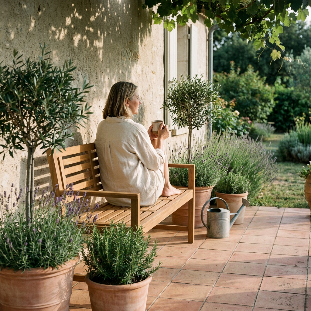 Femme assise sur un banc de jardin en acacia à lattes, tasse à la main, sur une terrasse en terre cuite fleurie