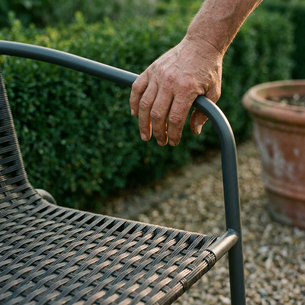 Main posée sur l'accoudoir en acier anthracite d'un banc de jardin, vérification des jonctions avant achat