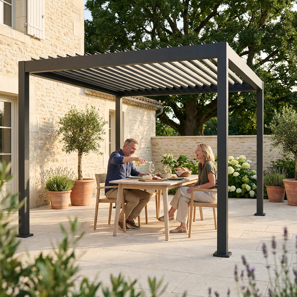 Couple attablé sous une pergola en acier anthracite sur une terrasse en pierre, lames de toit entrouvertes