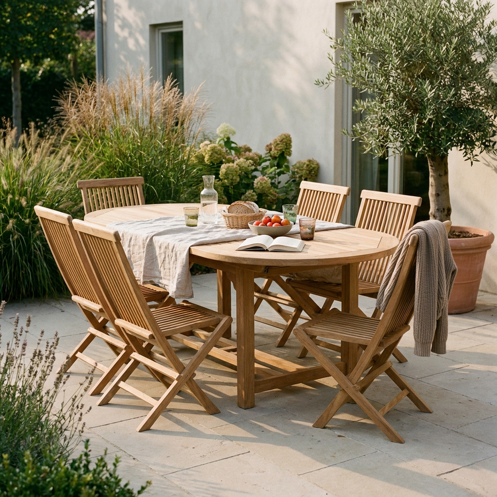Salon de jardin en bois massif dressé sur une terrasse, matériau noble à privilégier en occasion