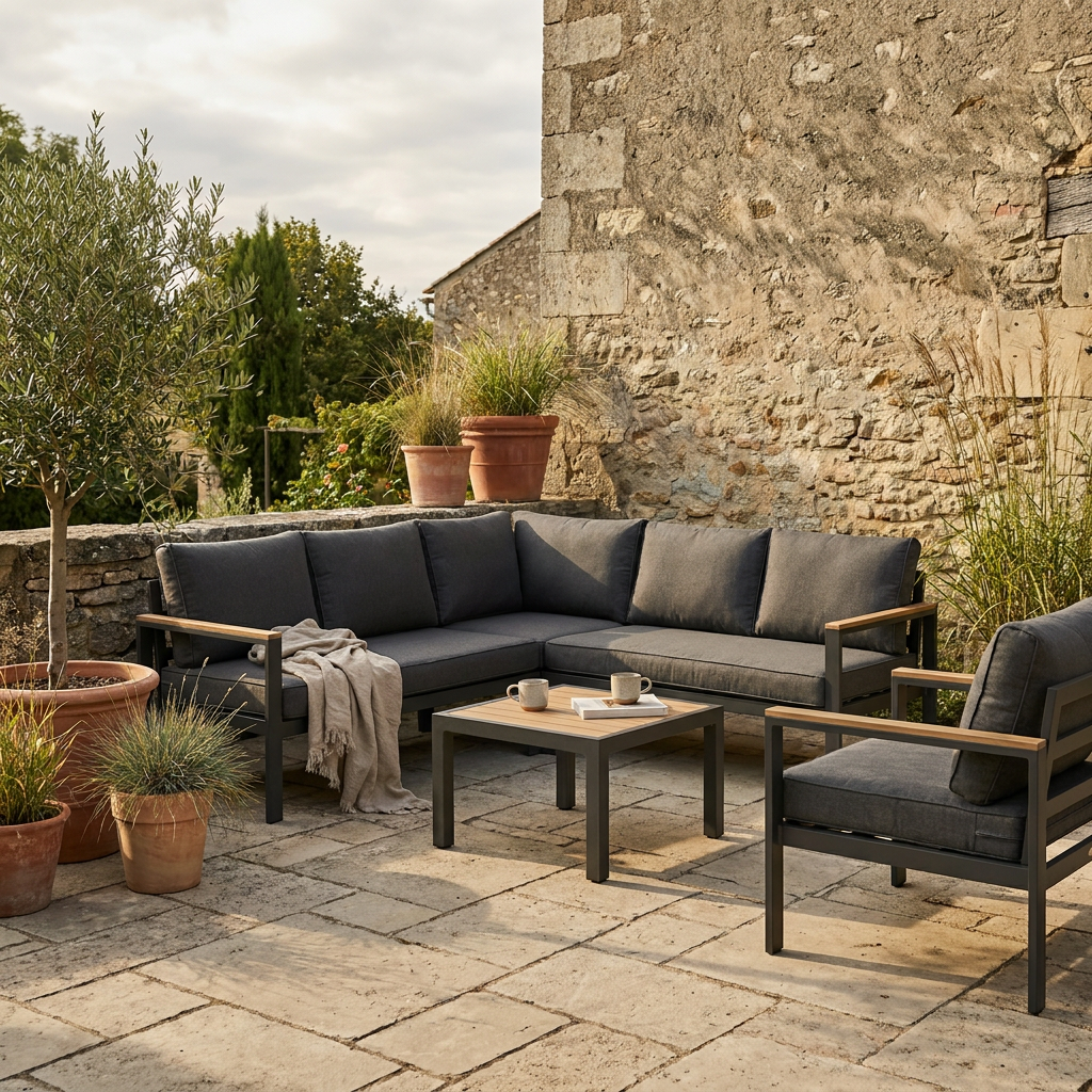 Salon bas d'angle anthracite installé sur une terrasse en pierre, exemple de mobilier de jardin d'occasion