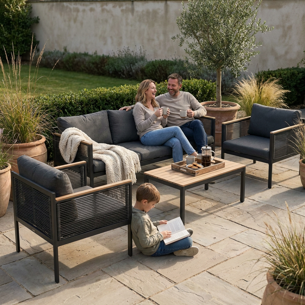 Famille réunie autour d'un salon bas de jardin anthracite sur une terrasse, moment de partage