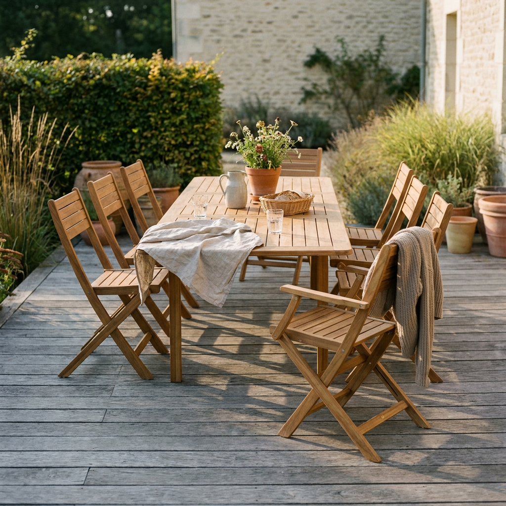 Salon de jardin en bois d'acacia dressé sur une terrasse, table et chaises de seconde main en fin de journée