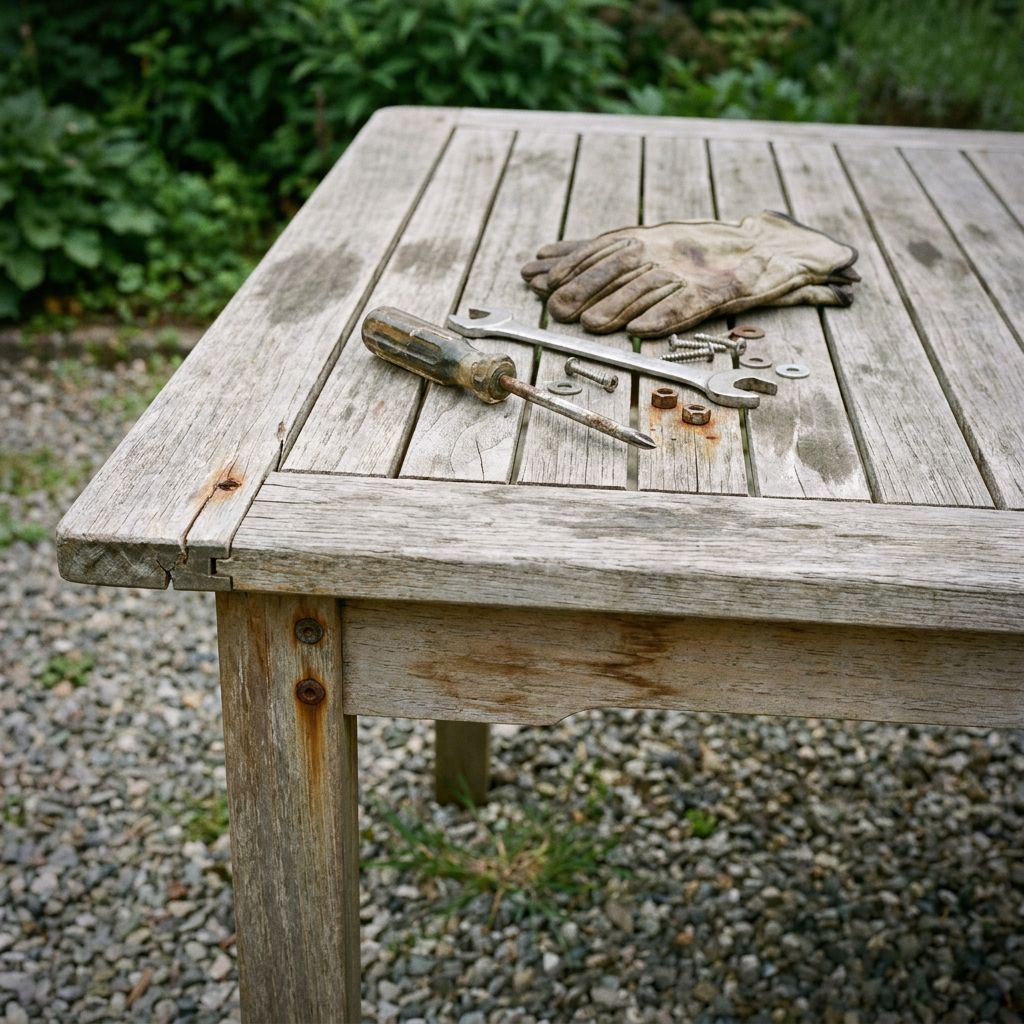 Table de jardin en bois vieilli avec outils et visserie posés dessus, avant démontage et tri des matériaux