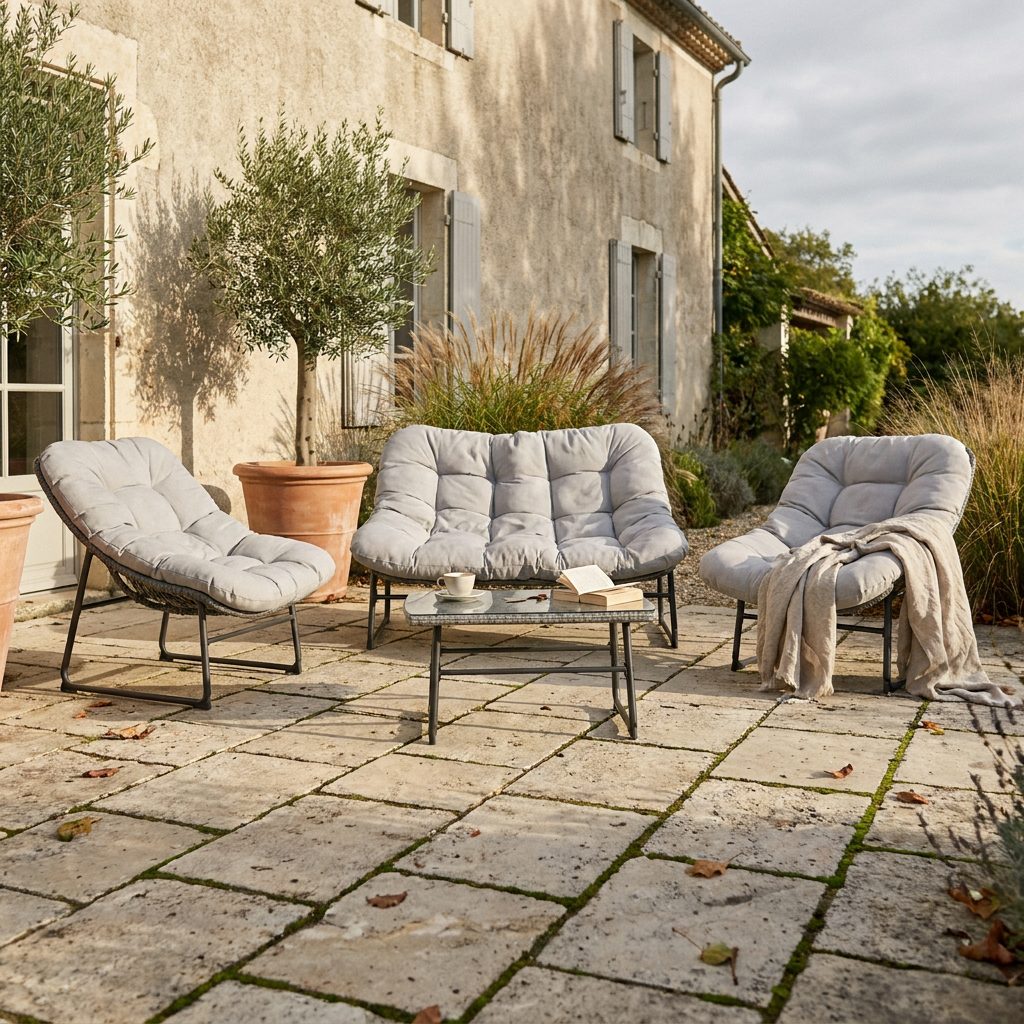 Salon bas de jardin en résine tressée grise installé sur une terrasse, coussins usés, avant recyclage du mobilier