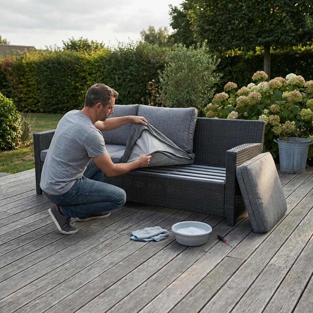 Homme déhoussant le coussin d'un salon de jardin en aluminium pour évaluer son état avant vente ou recyclage