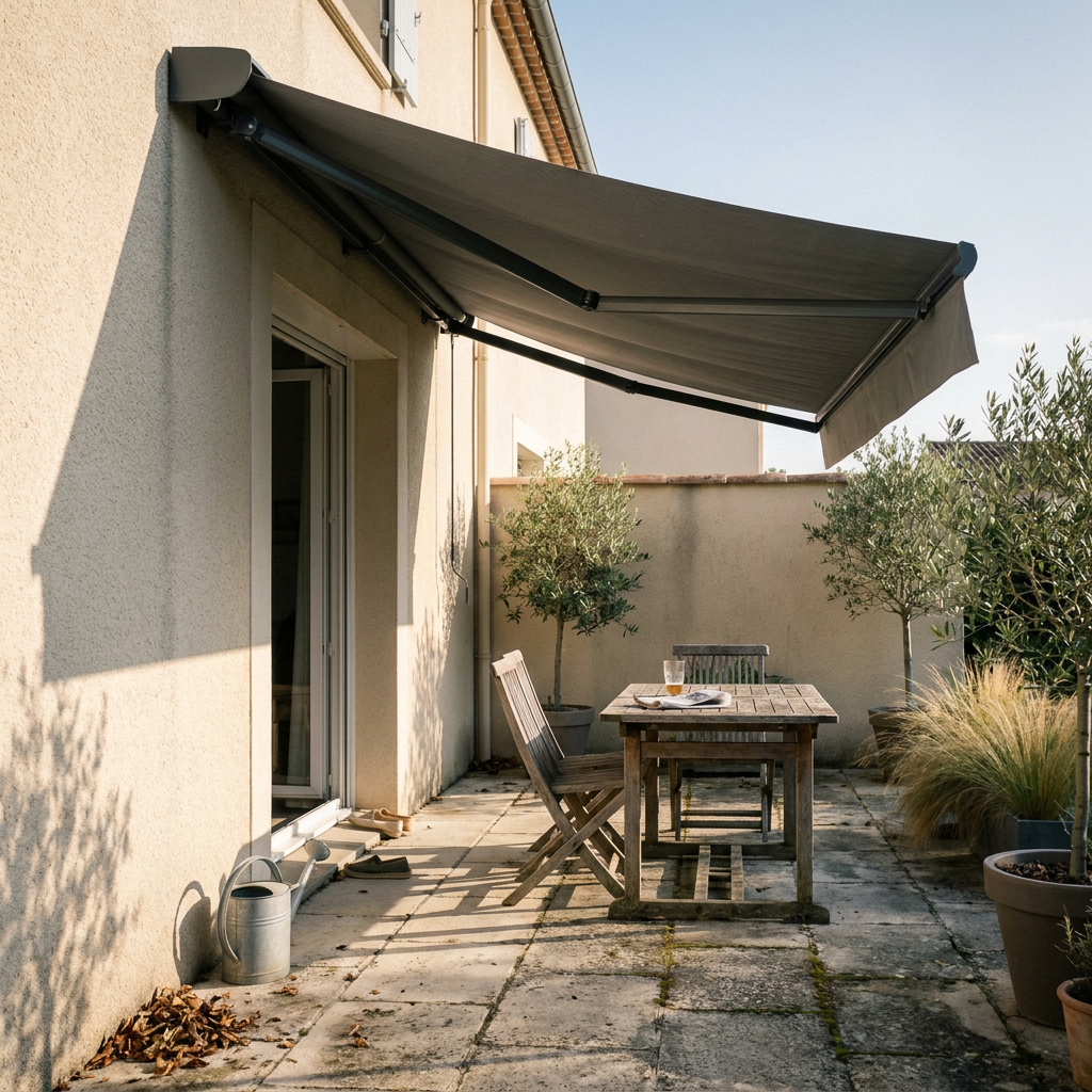 Store banne anthracite déployé au-dessus d'une terrasse en pierre, bras articulés tendus et table de jardin à l'ombre