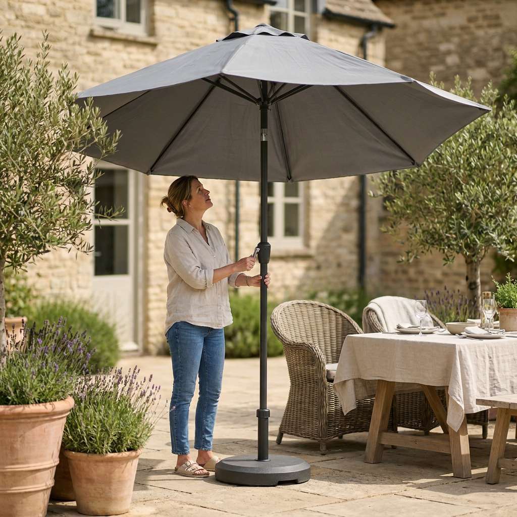 Femme ouvrant à la manivelle un parasol droit gris ardoise lesté au sol, sur une terrasse en pierre à l'heure du déjeuner