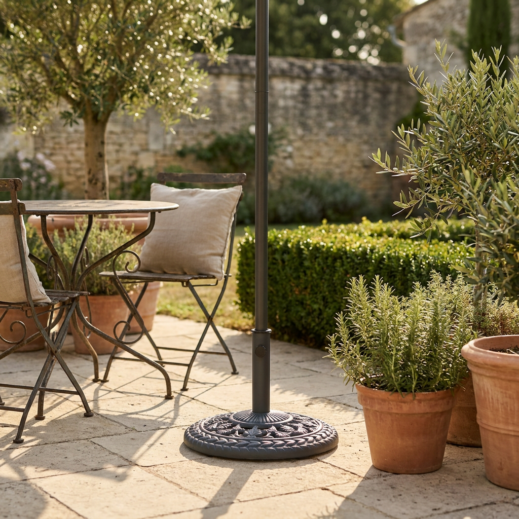 Pied de parasol en fonte anthracite lestant un mât sur une terrasse en pierre, entre table bistrot et pots de romarin