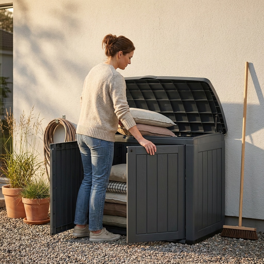 Femme rangeant des coussins dans un grand coffre de jardin anthracite, portes avant ouvertes