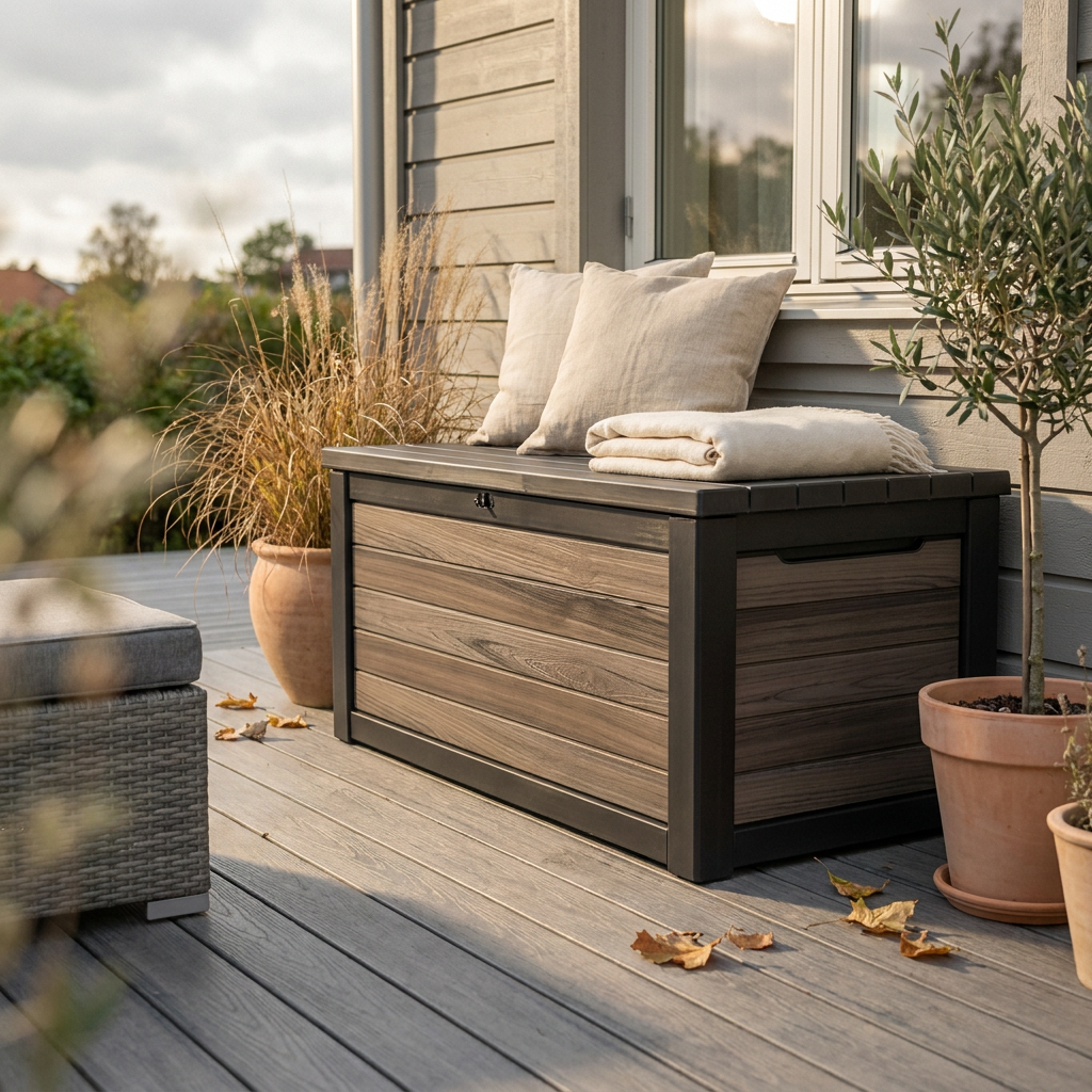 Coffre de jardin en résine effet bois installé sur une terrasse, coussins d'extérieur posés sur le couvercle
