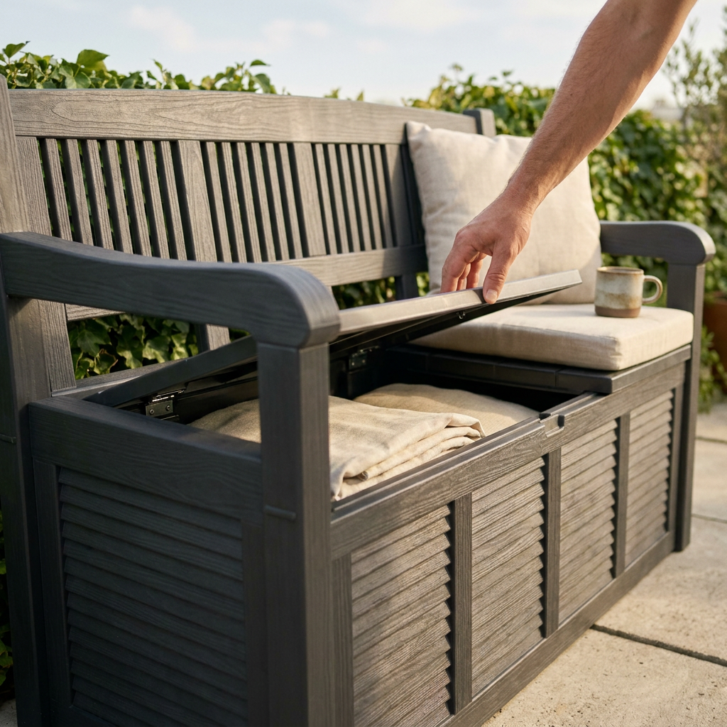 Main soulevant l'assise d'un coffre-banc de jardin anthracite pour vérifier charnière et étanchéité du couvercle