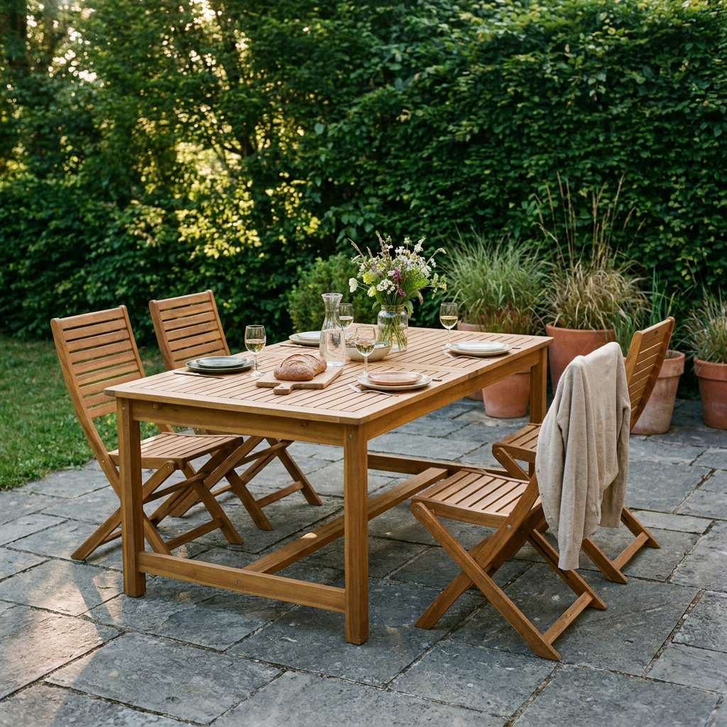 Ensemble table et chaises de jardin en bois d'eucalyptus dressé pour un repas sur une terrasse en pierre