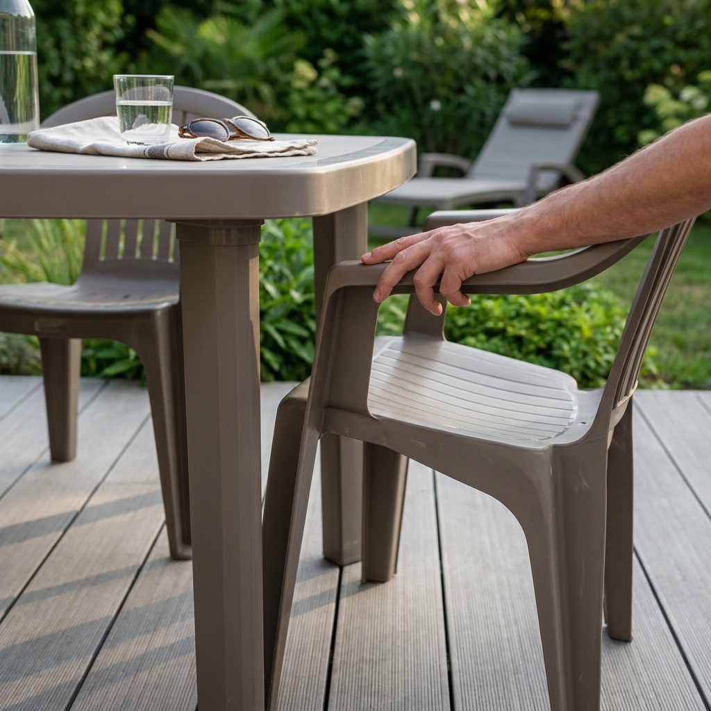 Fauteuil de jardin taupe glissé sous un plateau de table, hauteur d'assise et passage des accoudoirs