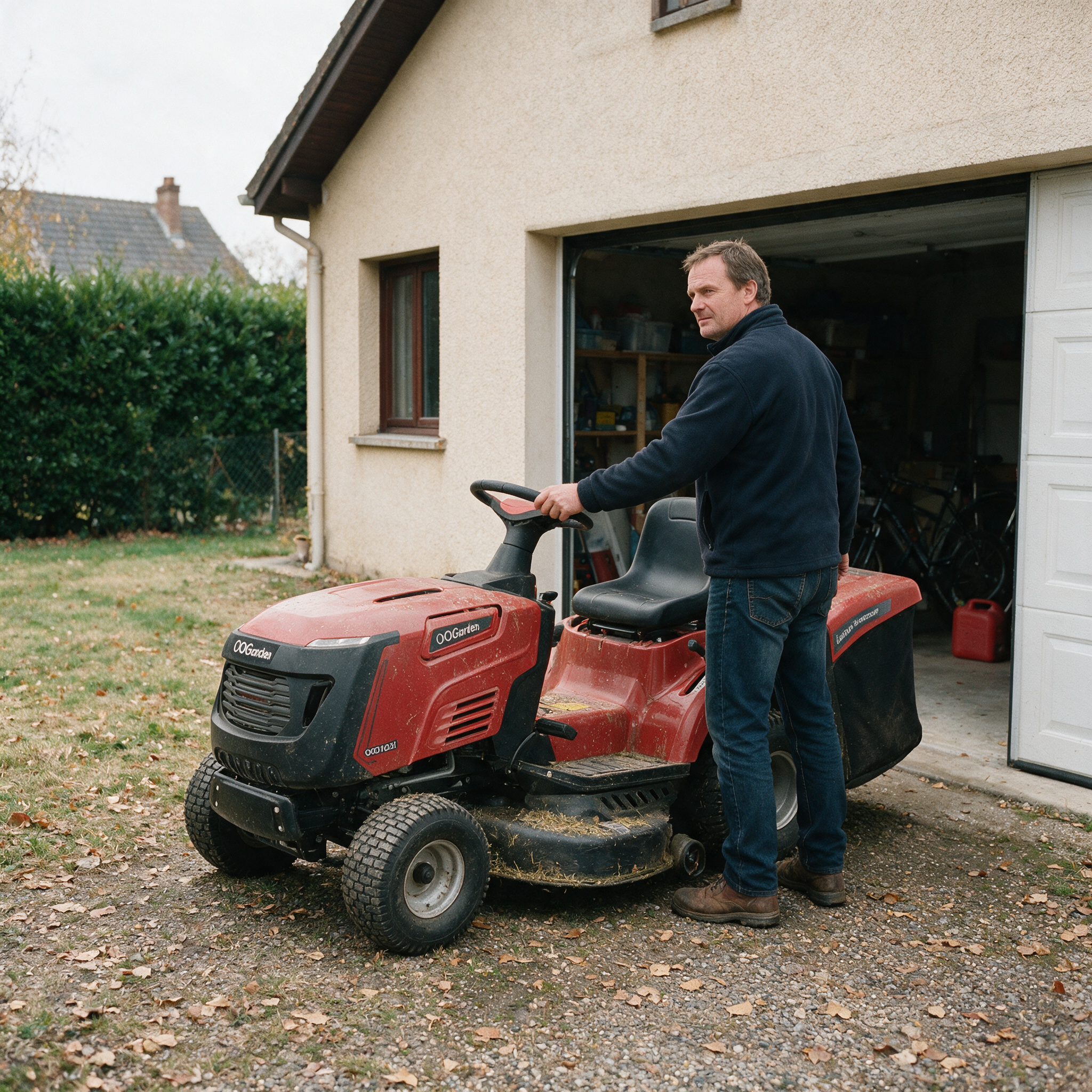 Tracteur tondeuse autoportée 452cc avec bac garé devant un garage de pavillon, présenté par son vendeur d’occasion