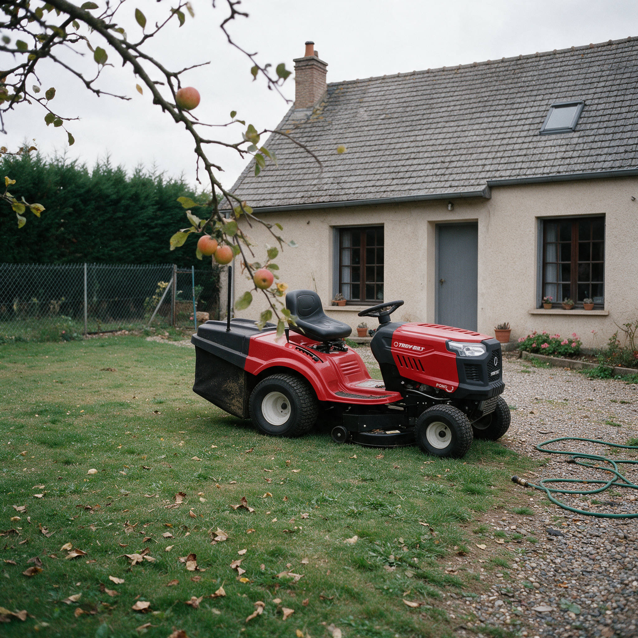 Tracteur tondeuse Troy-Bilt Pony 92T-R garé au bord d’une pelouse d’automne, prêt pour une visite d’occasion