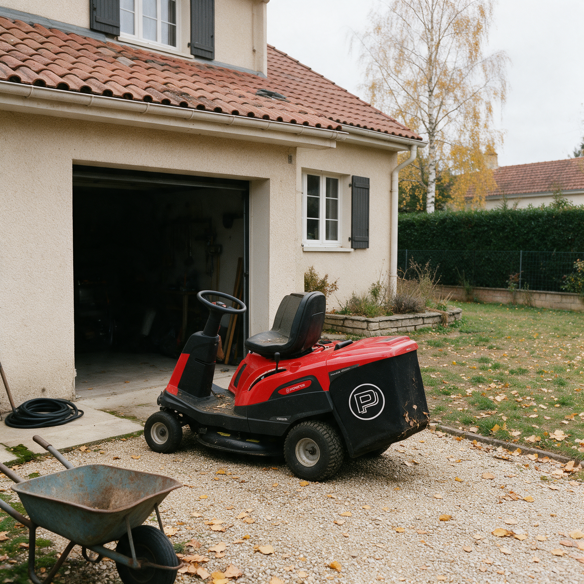 Rider autoportée d’occasion garé devant le garage du vendeur, sur une allée gravillonnée couverte de feuilles d’octobre