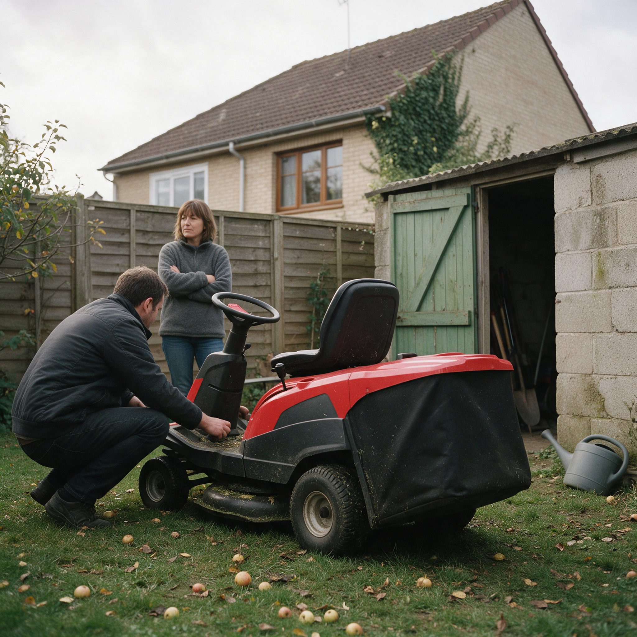 Acheteur accroupi qui inspecte le siège et les pédales d’une tondeuse autoportée d’occasion avant l’achat, au fond du jardin