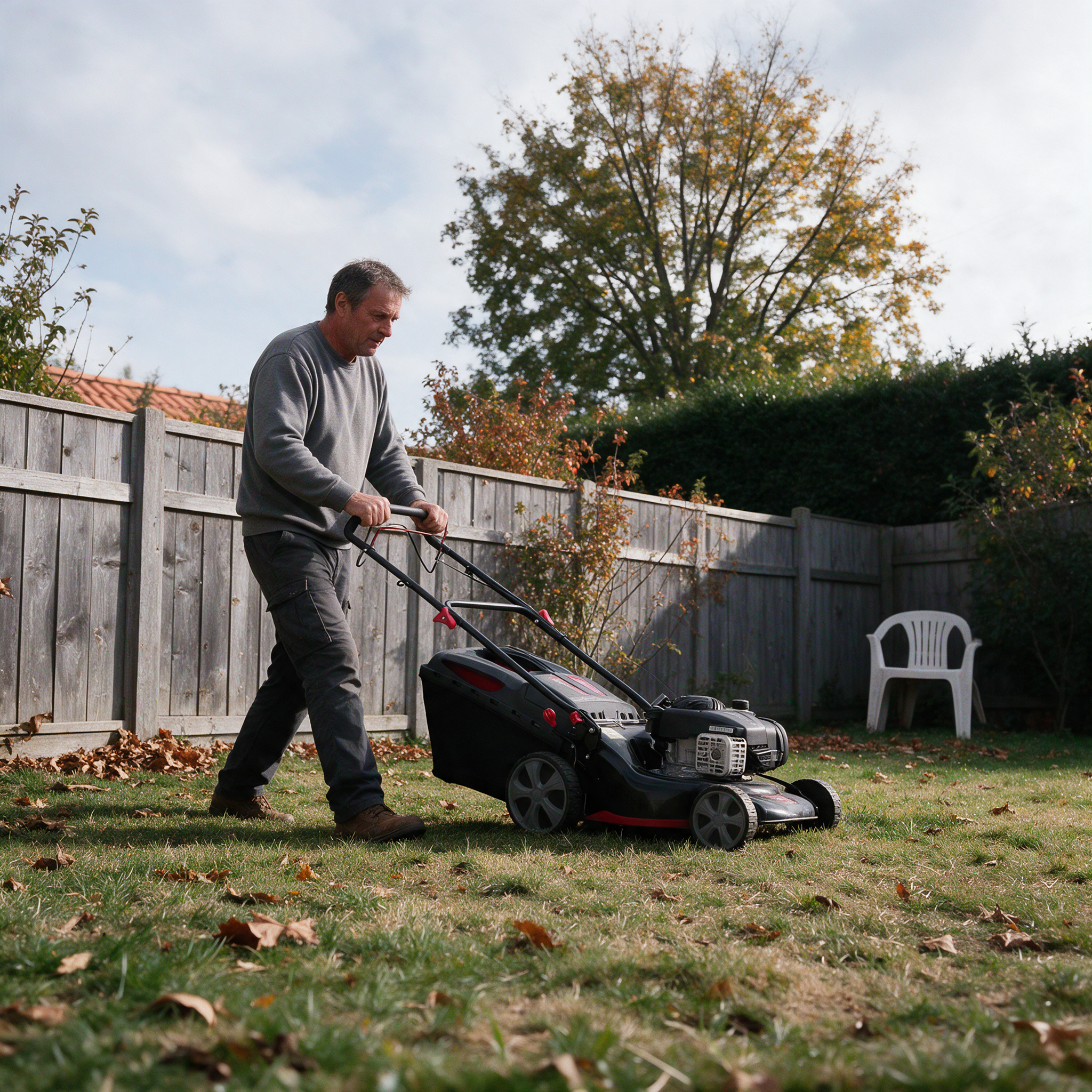 Acheteur de profil qui engage la traction d’une tondeuse thermique d’occasion sur une pelouse d’automne pour la tester