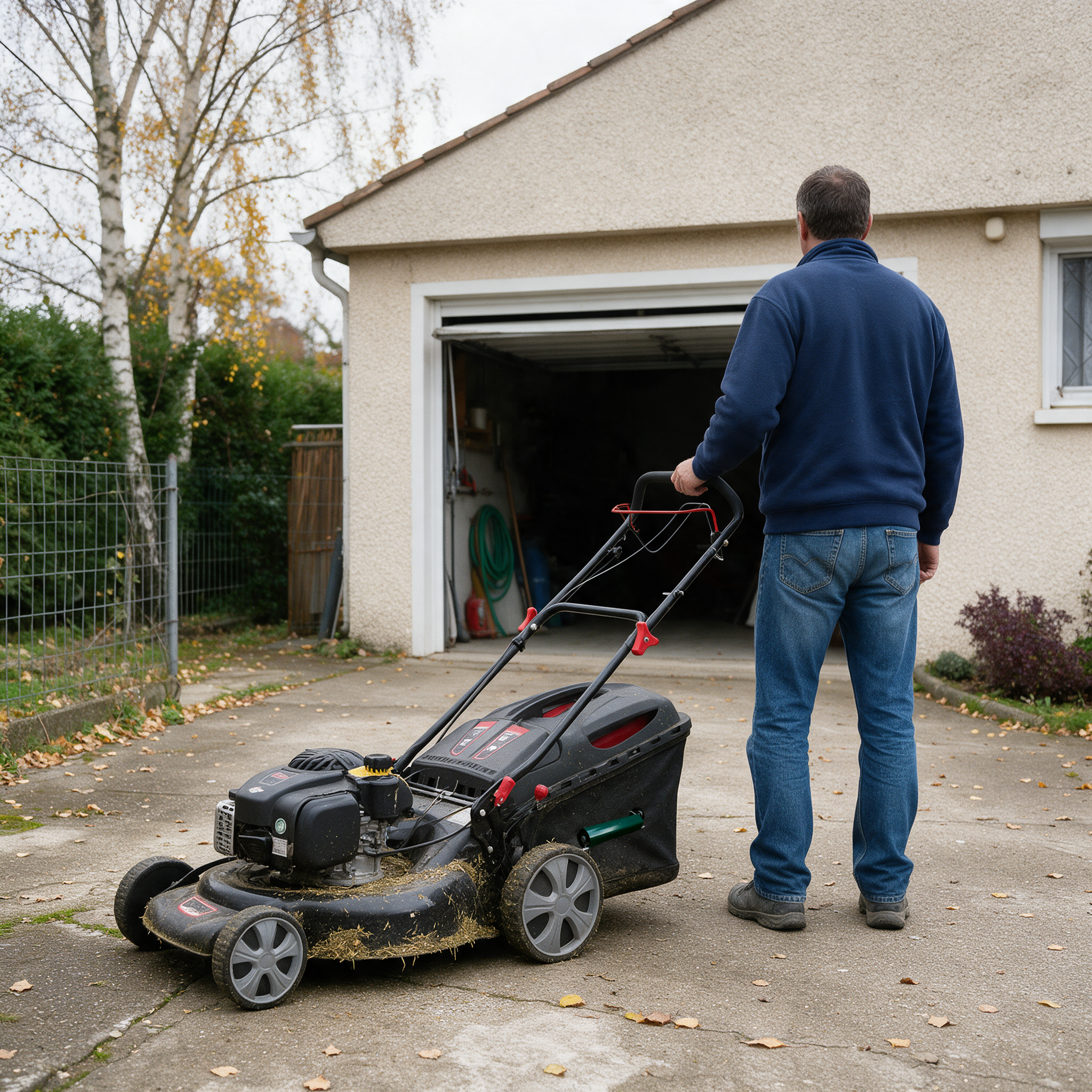 Tondeuse à gazon d’occasion thermique tractée sortie dans l’allée devant un garage, le vendeur de dos qui attend l’acheteur