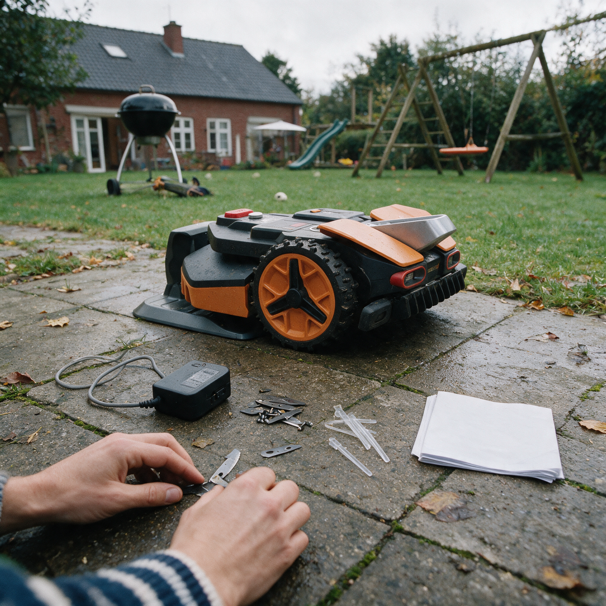 Lot d’un robot tondeuse Worx d’occasion compté sur une terrasse : station, chargeur, lames et piquets posés au sol