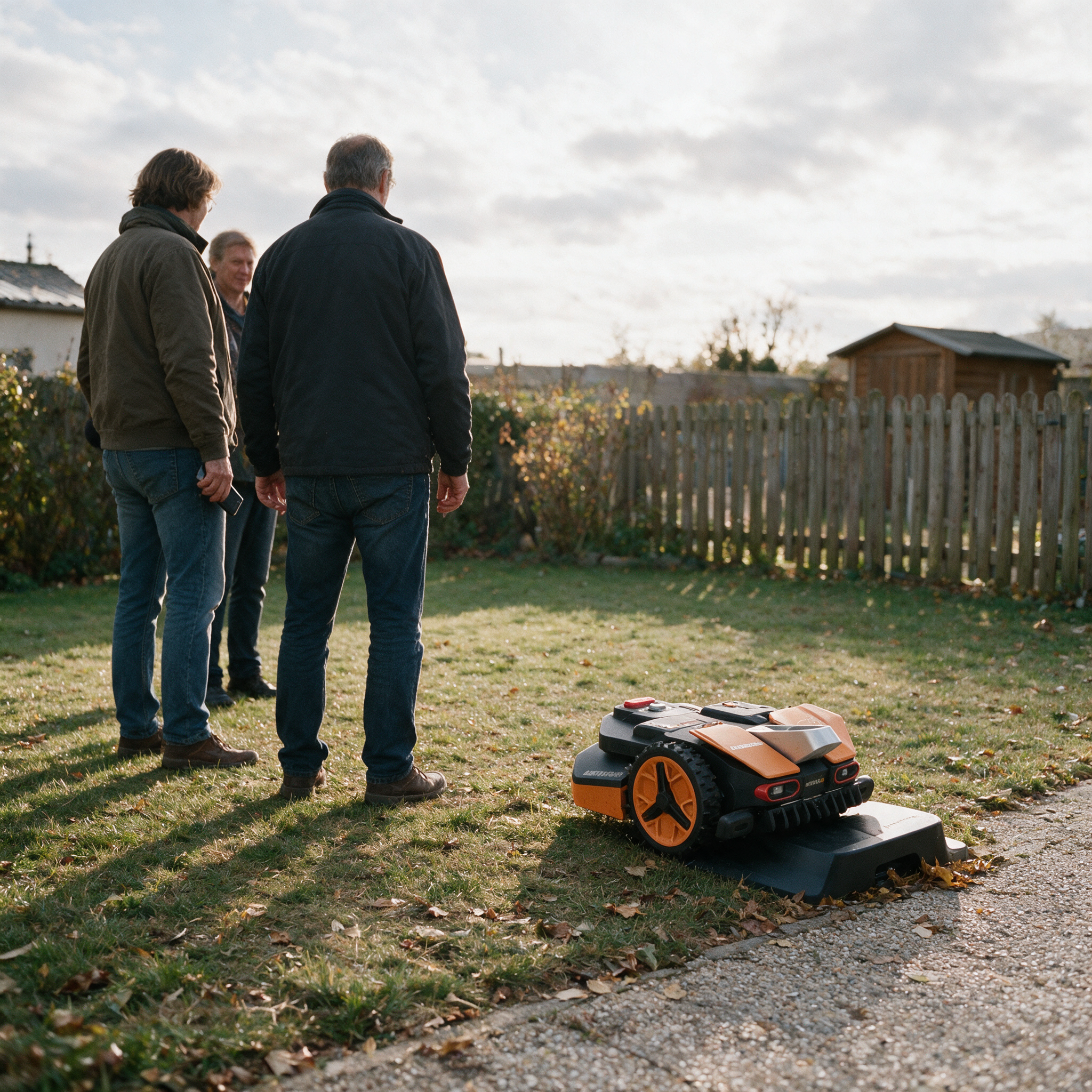 Visiteurs de dos observant un robot tondeuse Worx regagner sa station de charge, test de tonte complète avant de payer