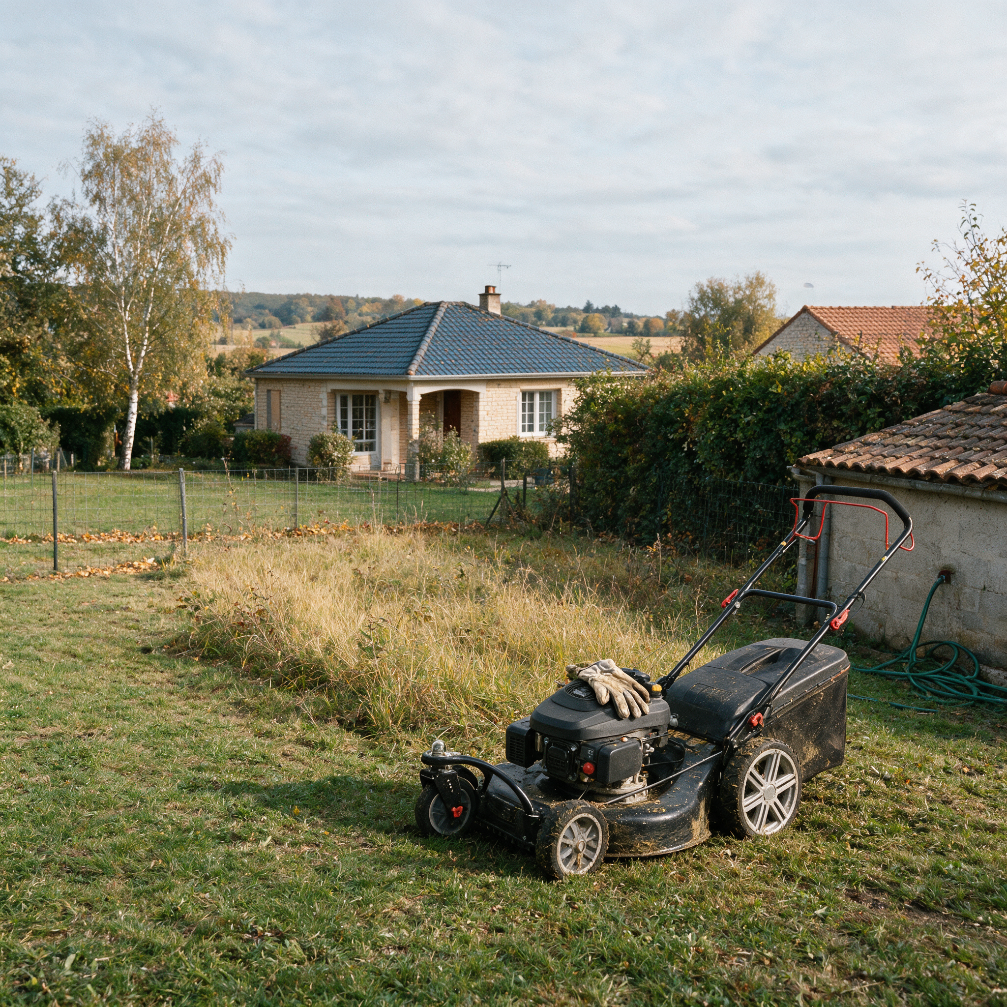 Tondeuse débroussailleuse 3 roues OOGarden garée au bord d’une herbe haute jaunie, au fond d’un jardin de pavillon en octobre
