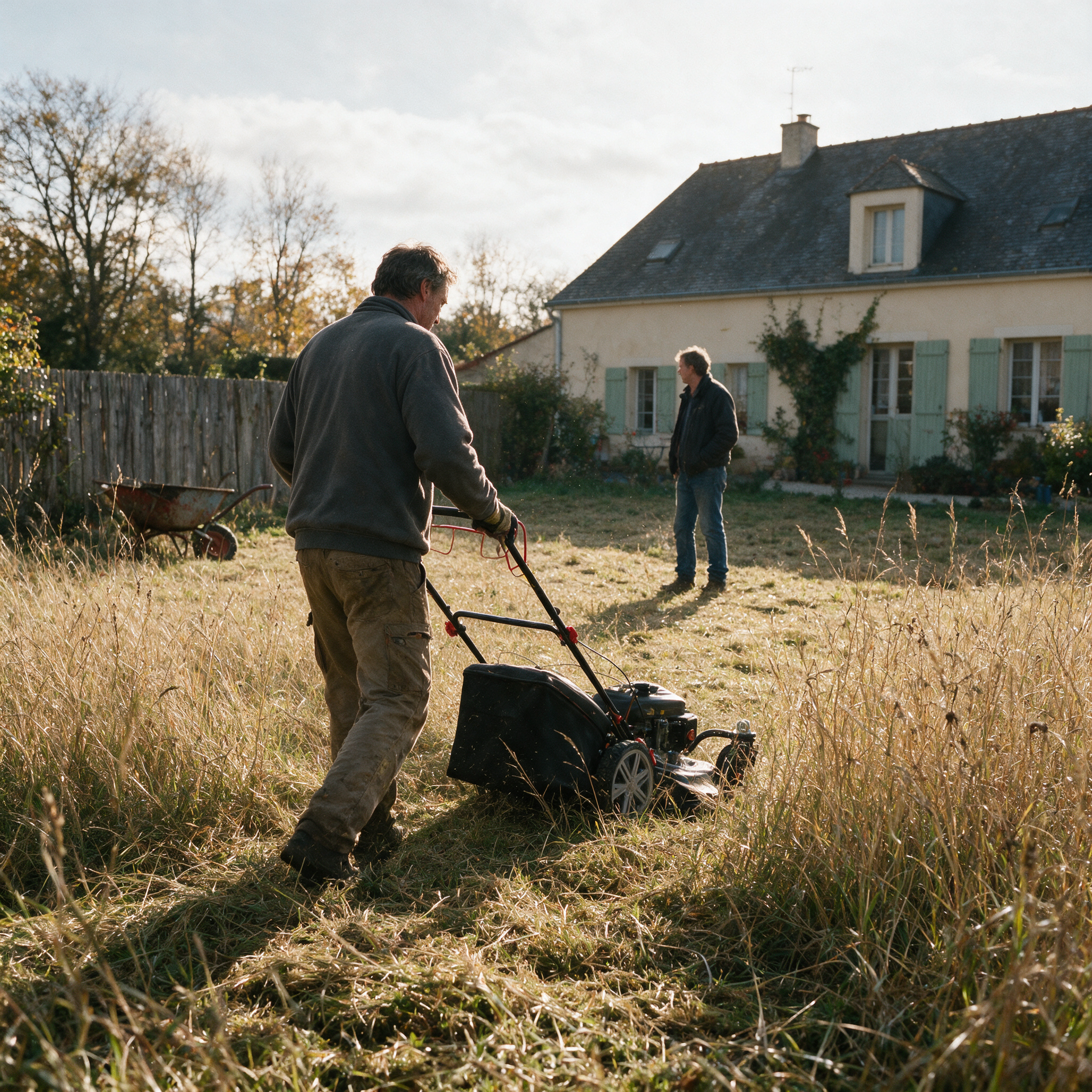 Essai d’une tondeuse débroussailleuse d’occasion dans l’herbe haute : le vendeur la pousse, l’acheteur observe à distance