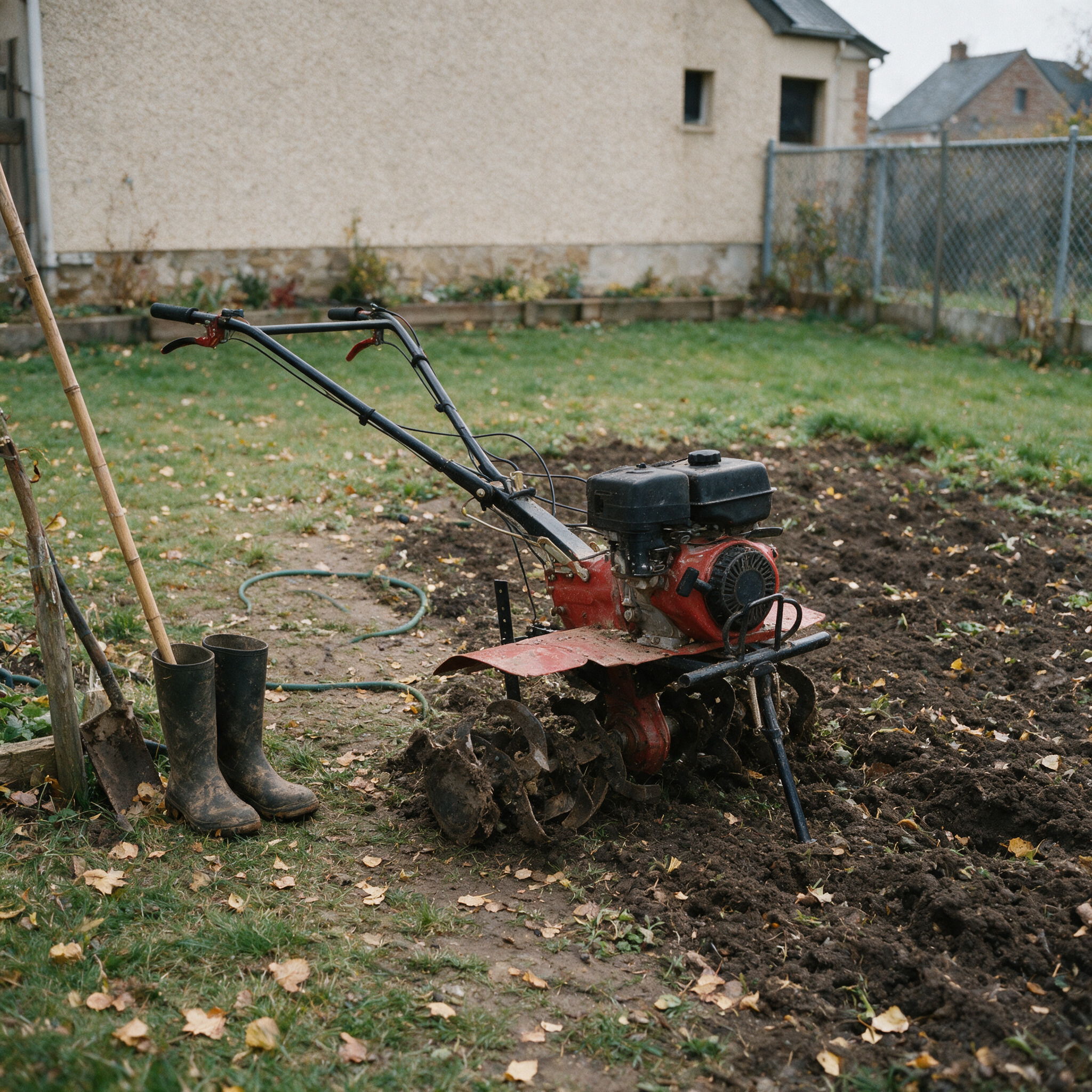 Motoculteur thermique rouge d’occasion garé au bord d’un potager à moitié labouré, bottes et bêche posées à côté en octobre
