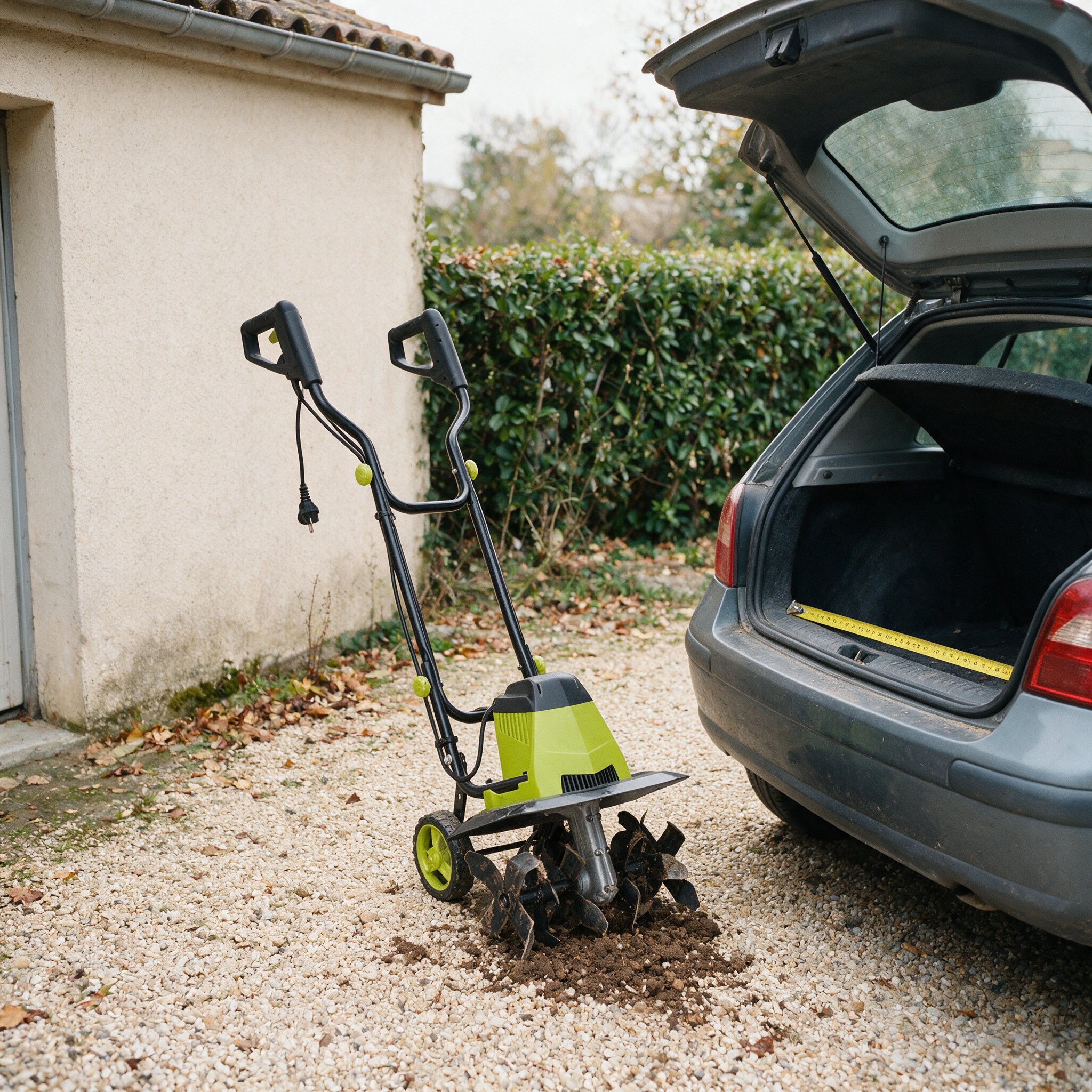 Motobineuse électrique OOGarden 1500 W posée près du coffre ouvert d’une citadine, mètre ruban sorti avant l’achat d’occasion