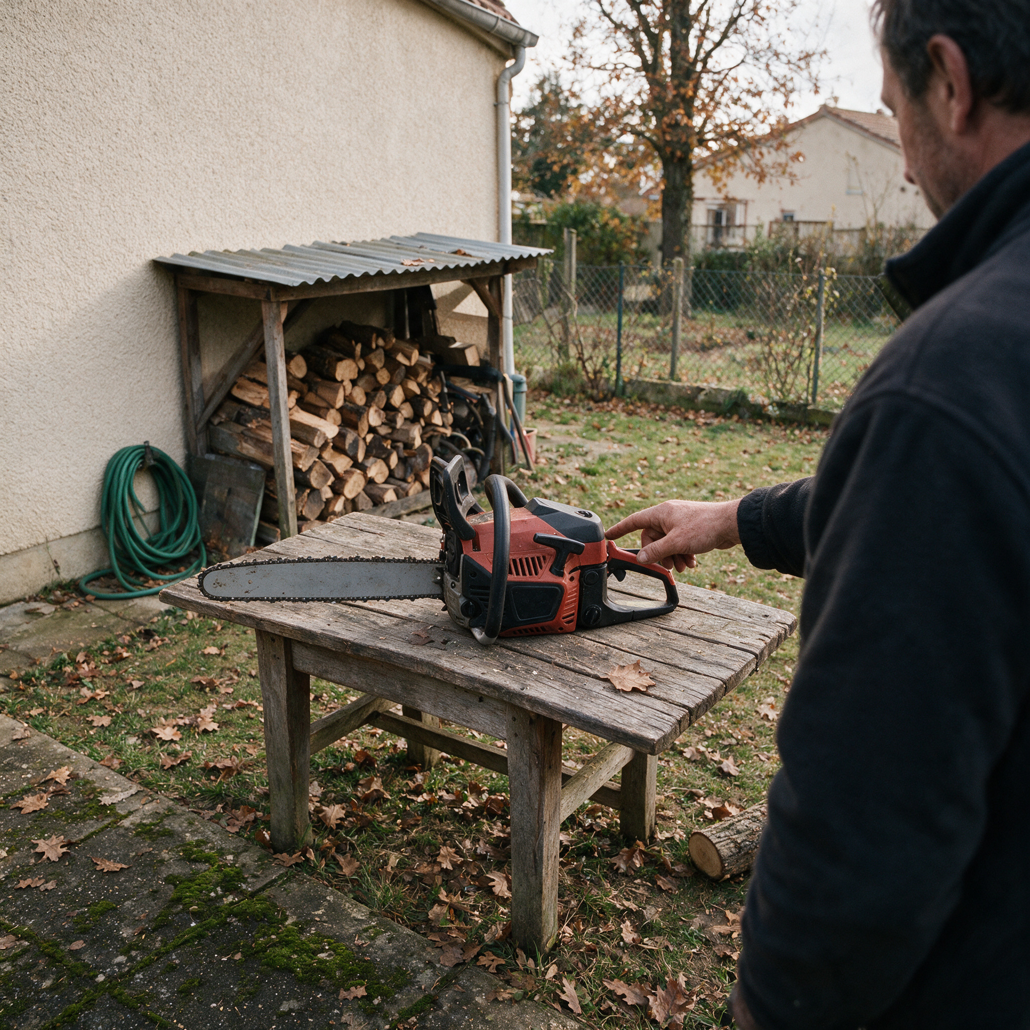 Tronçonneuse thermique OOGarden posée sur une table de jardin près du bois de chauffage, examinée avant un achat d’occasion