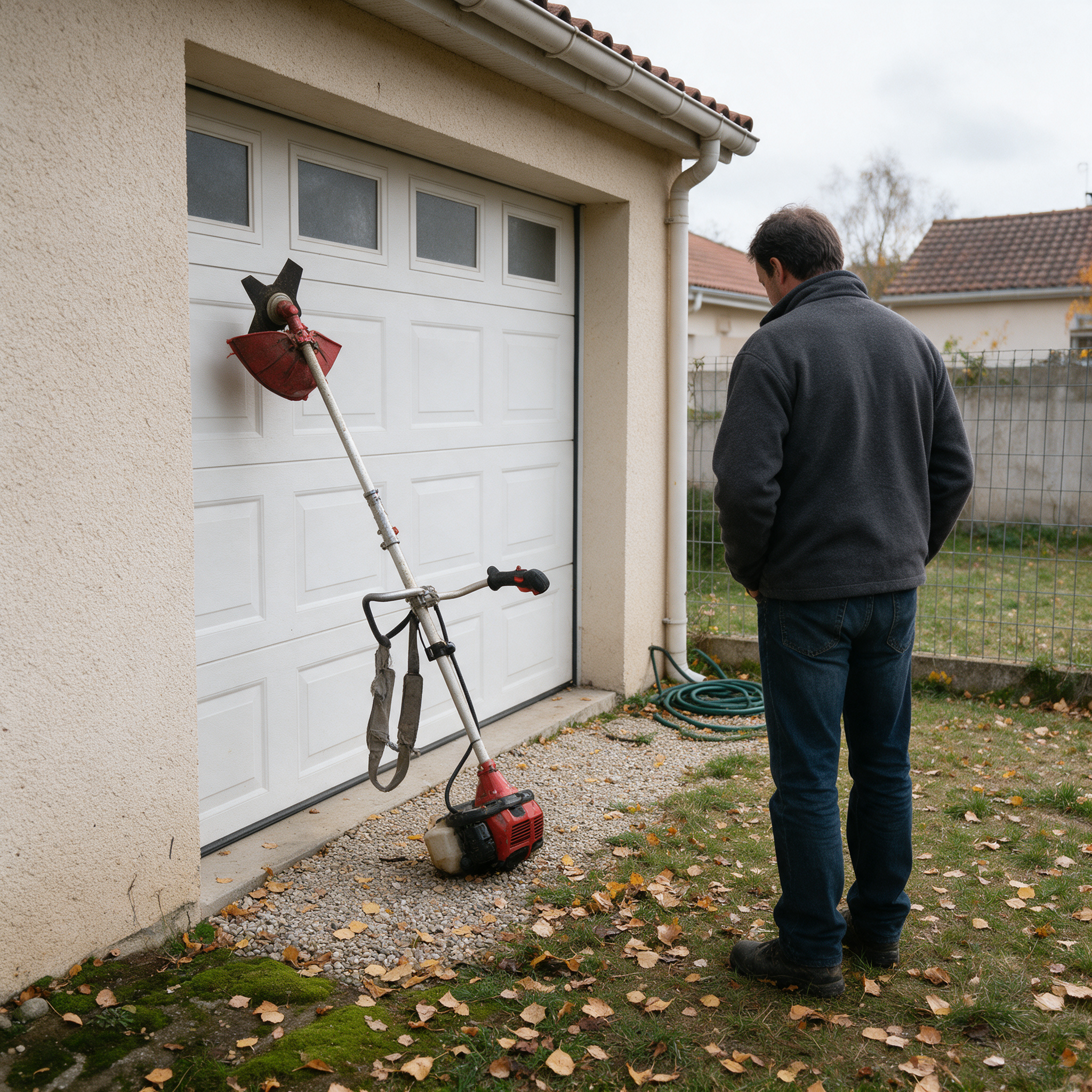 Débroussailleuse thermique d’occasion OOGarden PBC42 posée contre la porte de garage d’un pavillon, examinée par l’acheteur