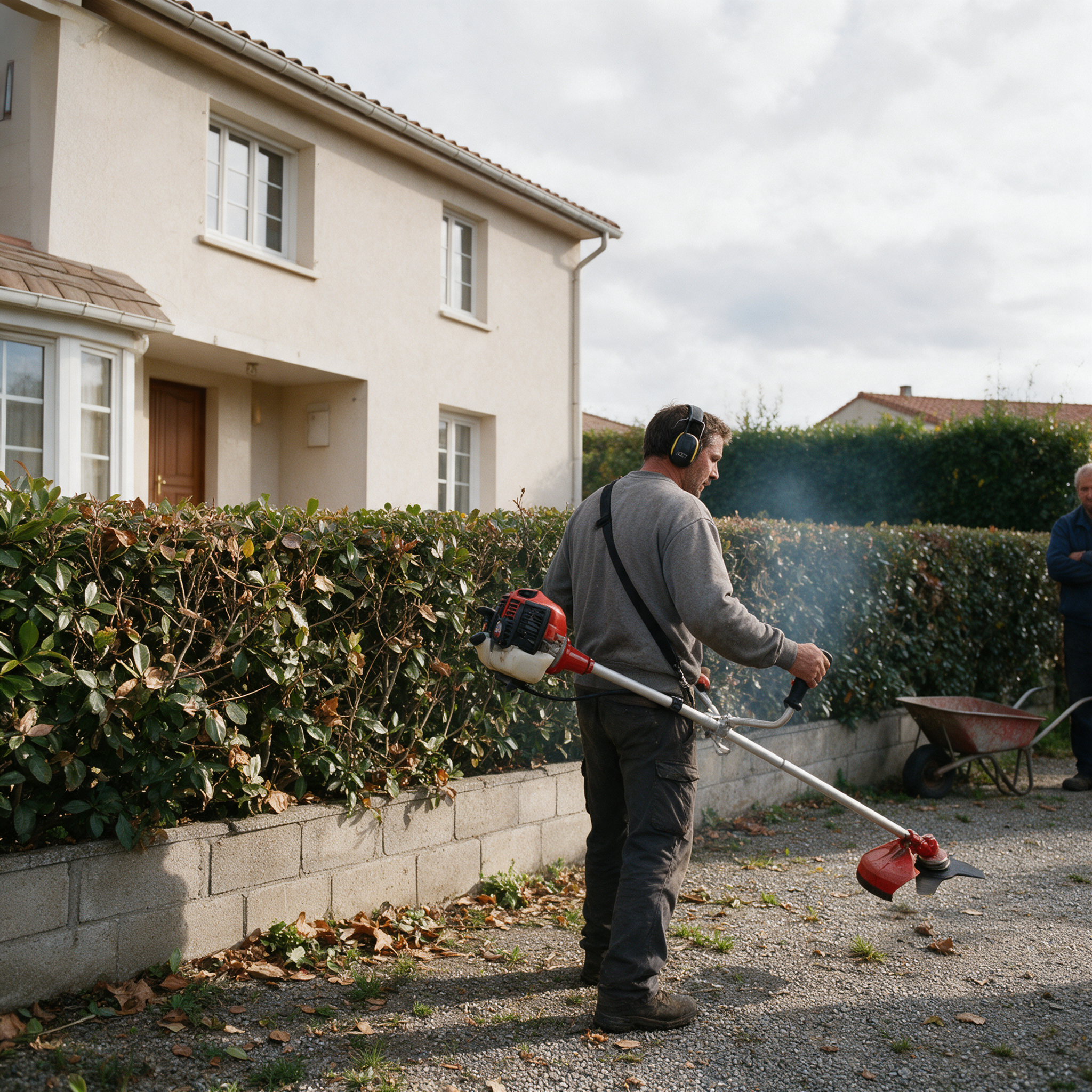 Acheteur harnaché testant au ralenti une débroussailleuse d’occasion OOGarden PBC42 dans l’allée gravillonnée du vendeur