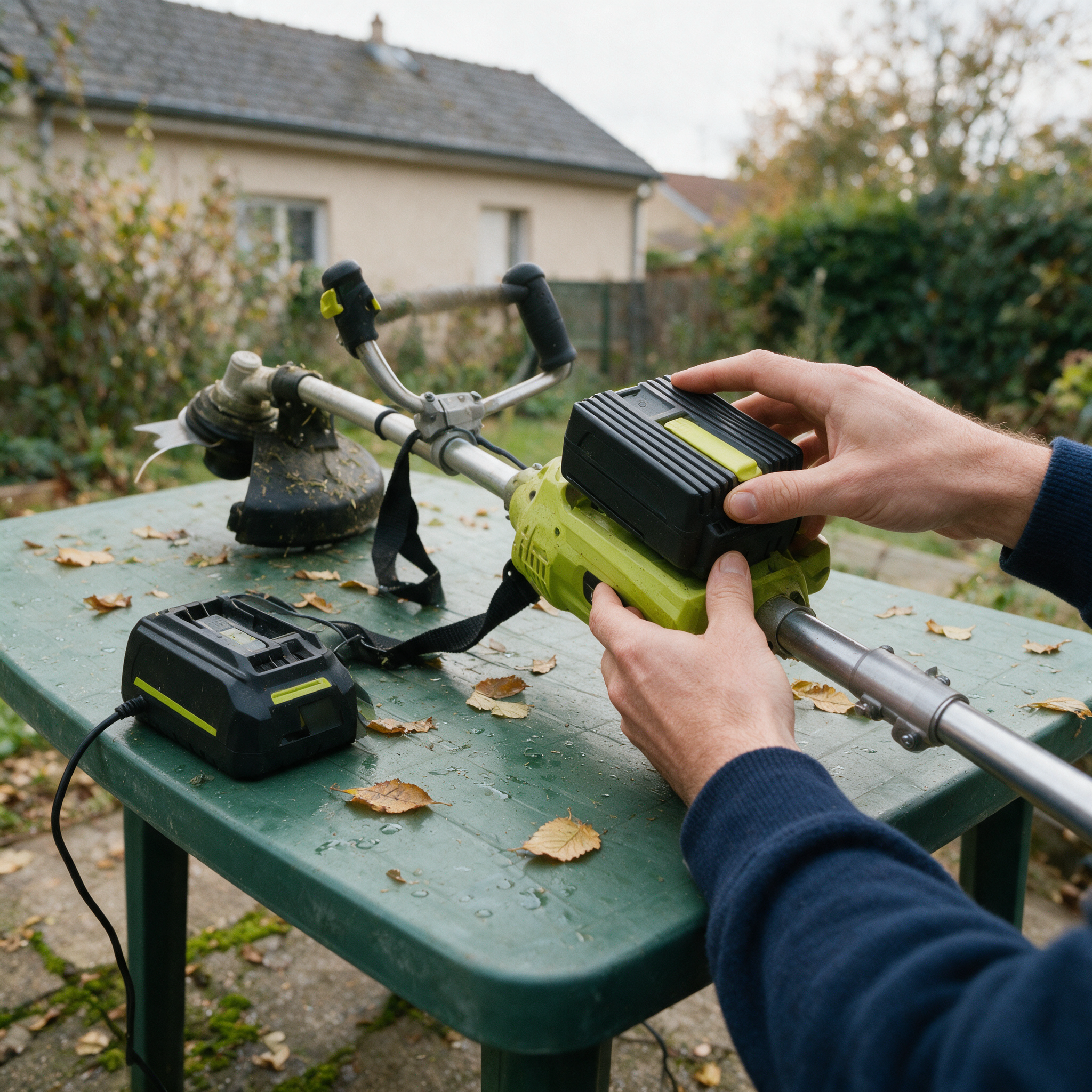 Mains vérifiant le verrouillage de la batterie d’une débroussailleuse e-MOOV 40V d’occasion, chargeur posé sur la table