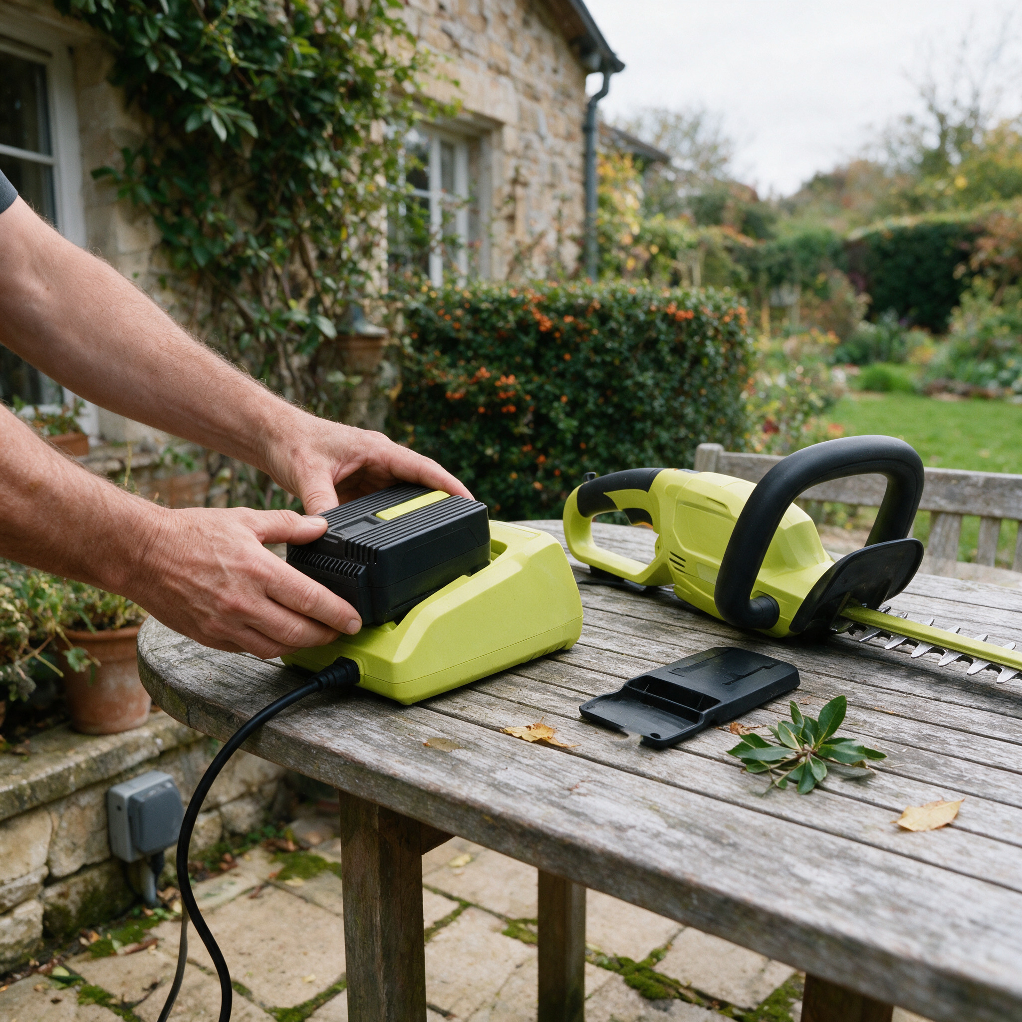 Mains posant la batterie e-MOOV 40V sur son chargeur à côté du taille-haie, lot complet d’occasion vérifié