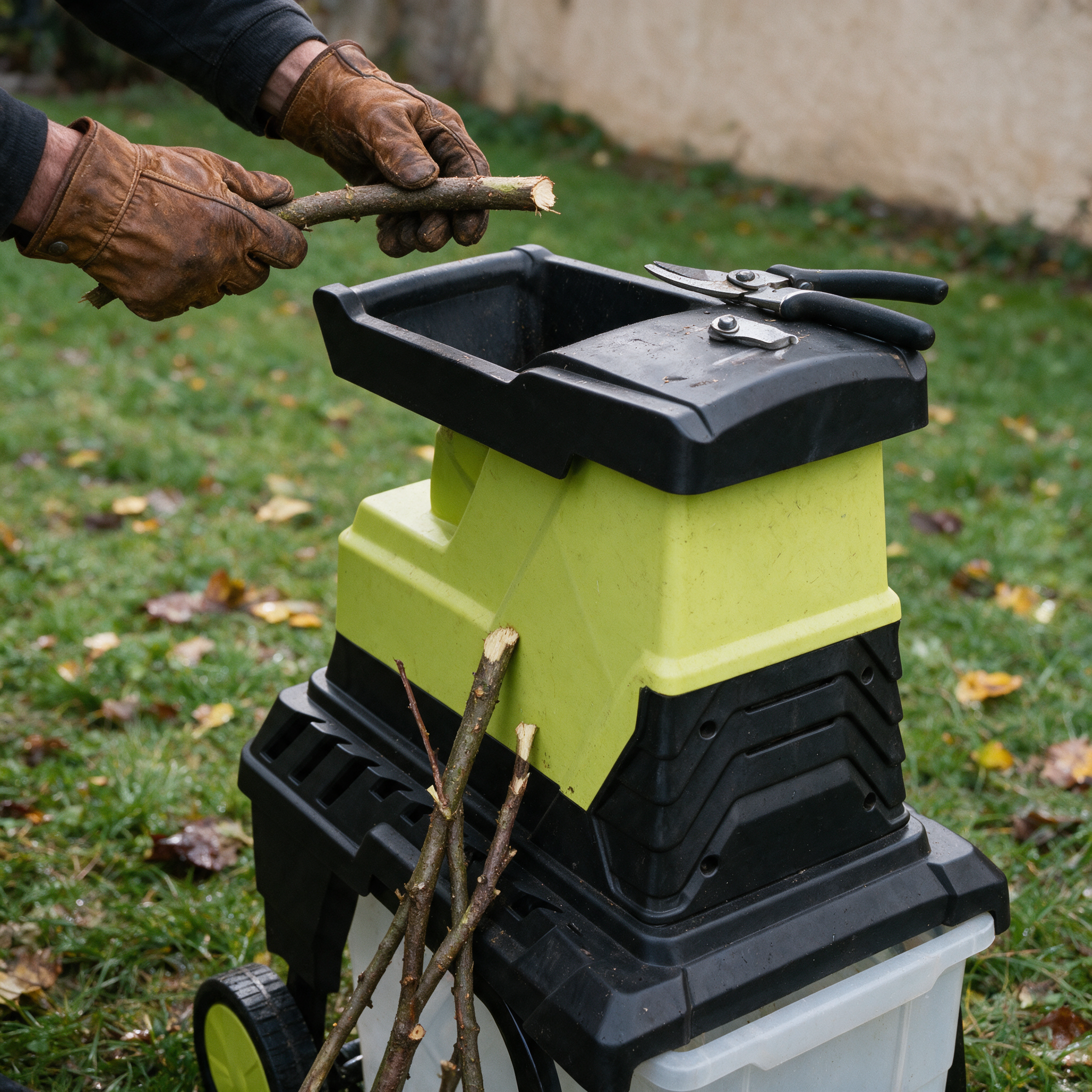 Mains gantées tenant une branche au-dessus de la trémie d’un broyeur de végétaux électrique OOGarden, essai avant achat