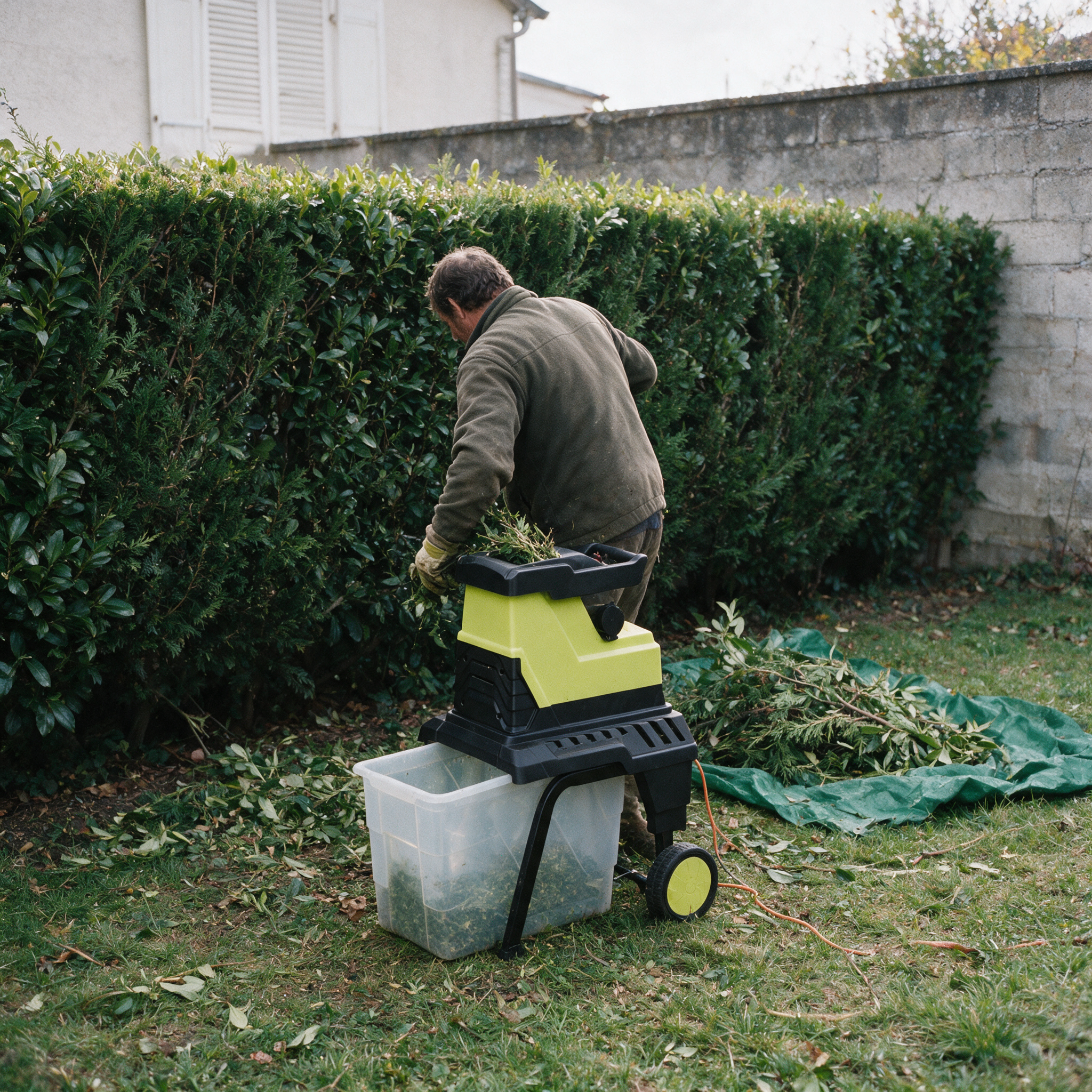 Homme de dos glissant des tailles de haie dans un broyeur de végétaux électrique OOGarden à rotor, pelouse d’octobre