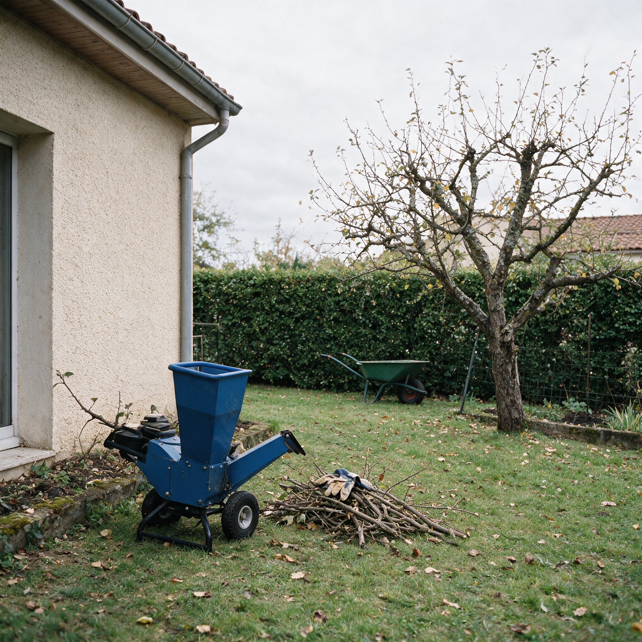 Broyeur de végétaux thermique bleu OOGarden au fond d’un jardin d’automne, près d’un tas de branches de pommier taillées