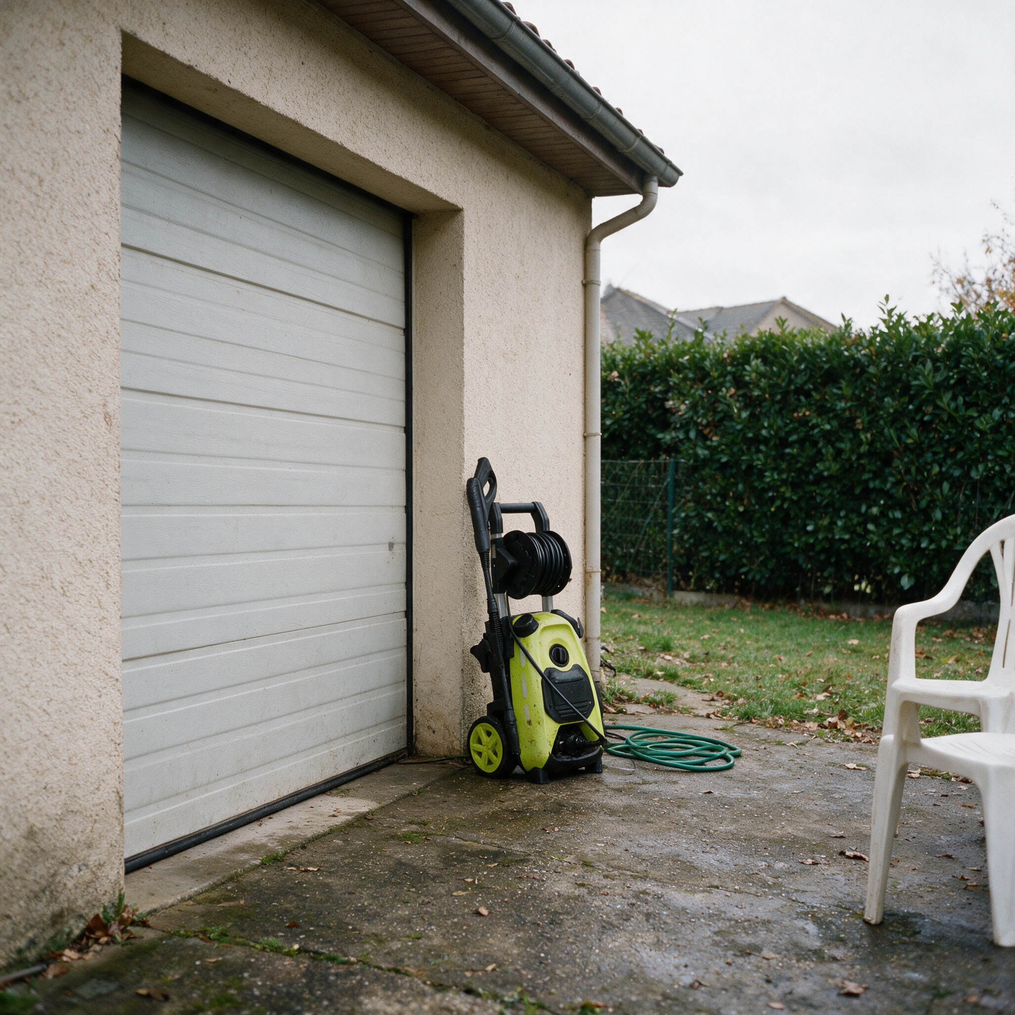 Nettoyeur haute pression d’occasion vert et noir rangé contre un garage de pavillon, flexible enroulé, tuyau non branché