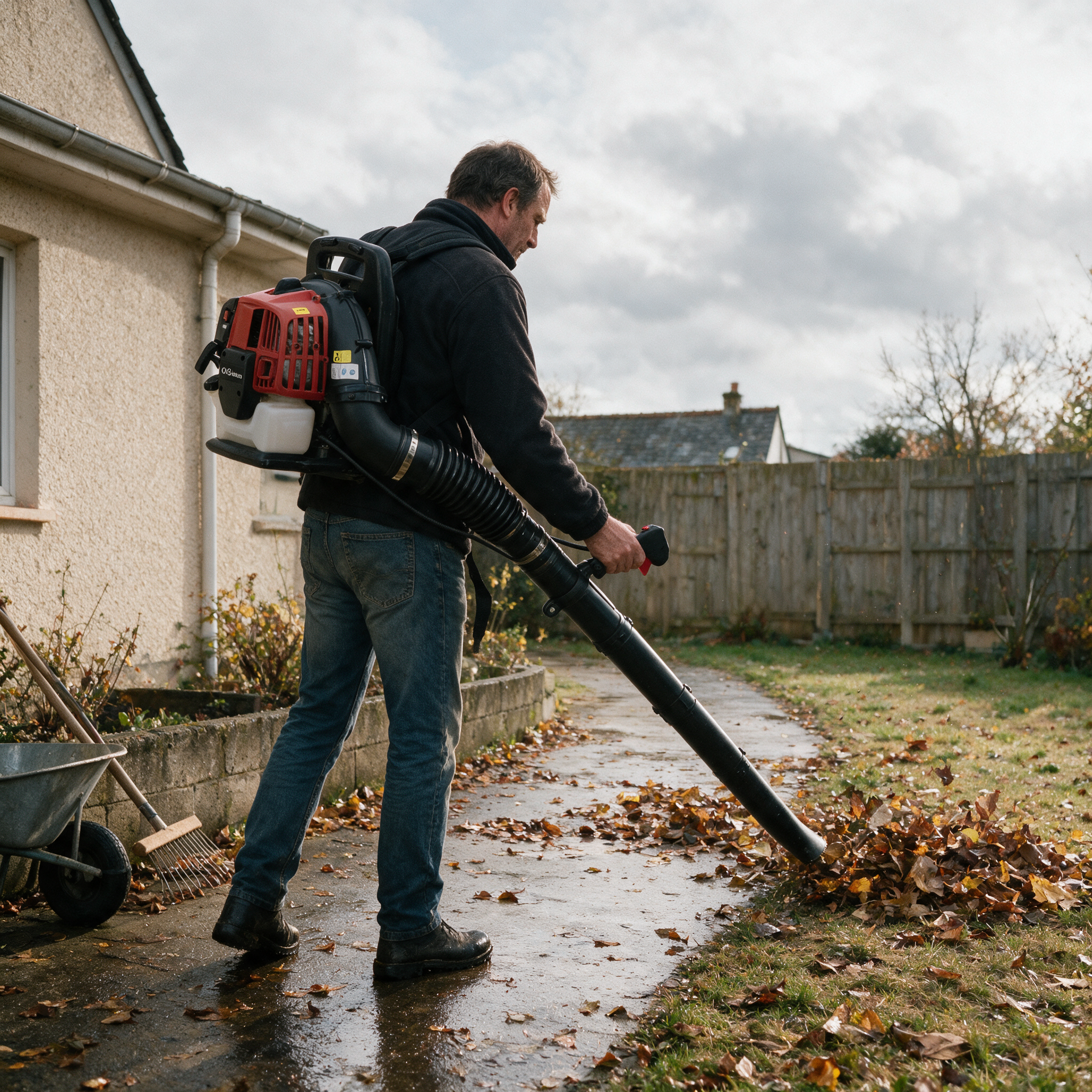 Homme de dos utilisant un souffleur de feuilles thermique à dos sur une allée mouillée couverte de feuilles mortes en octobre